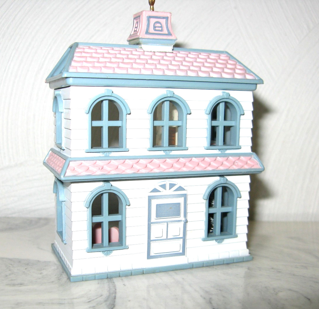 Russ Berries Holiday House White w/Blue Trim Christmas Ornament Dollhouse NO BOX