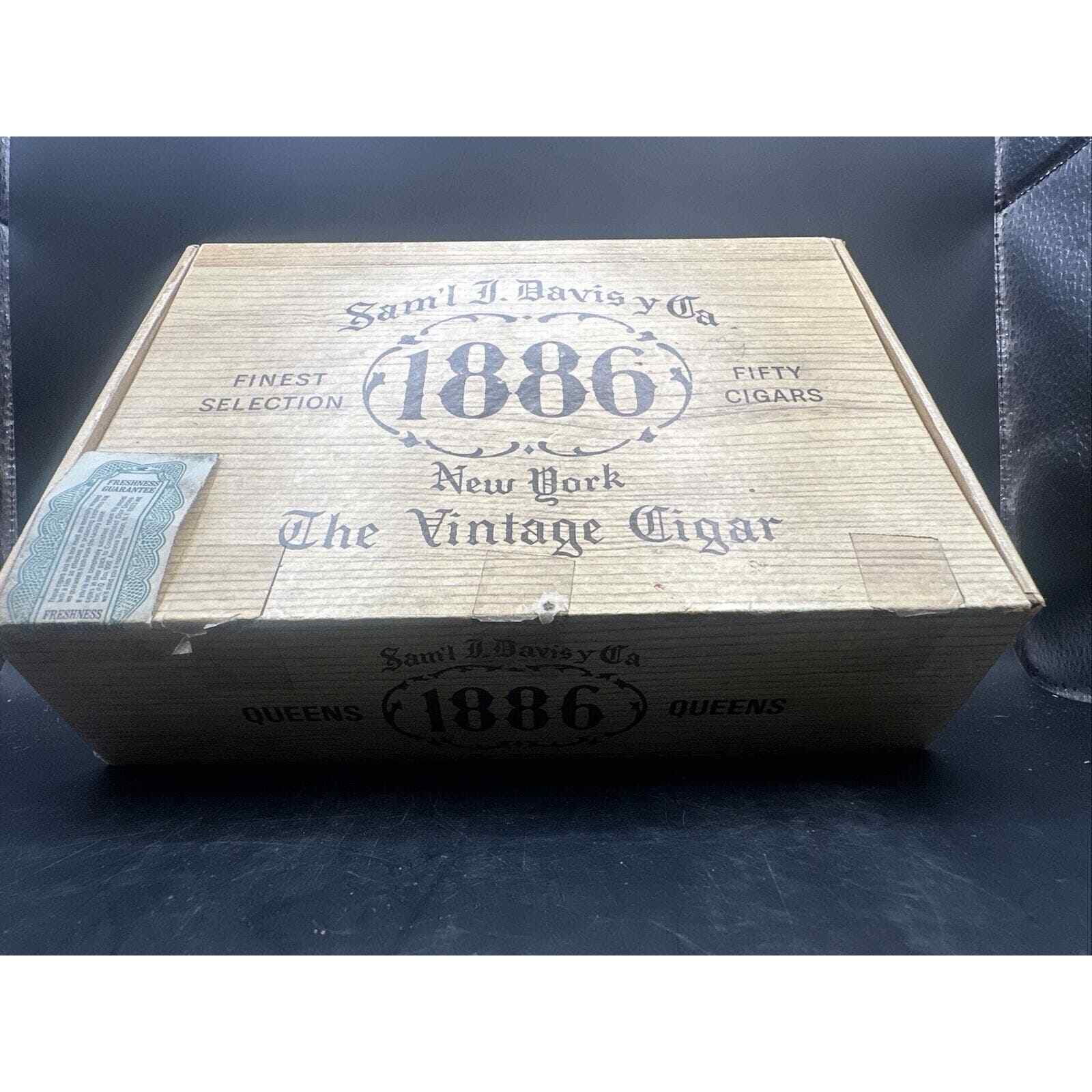 Vintage Samuel J Davis 1886 The Vintage Cigar Box New York Empty 8.5 x 6 x 2.5”
