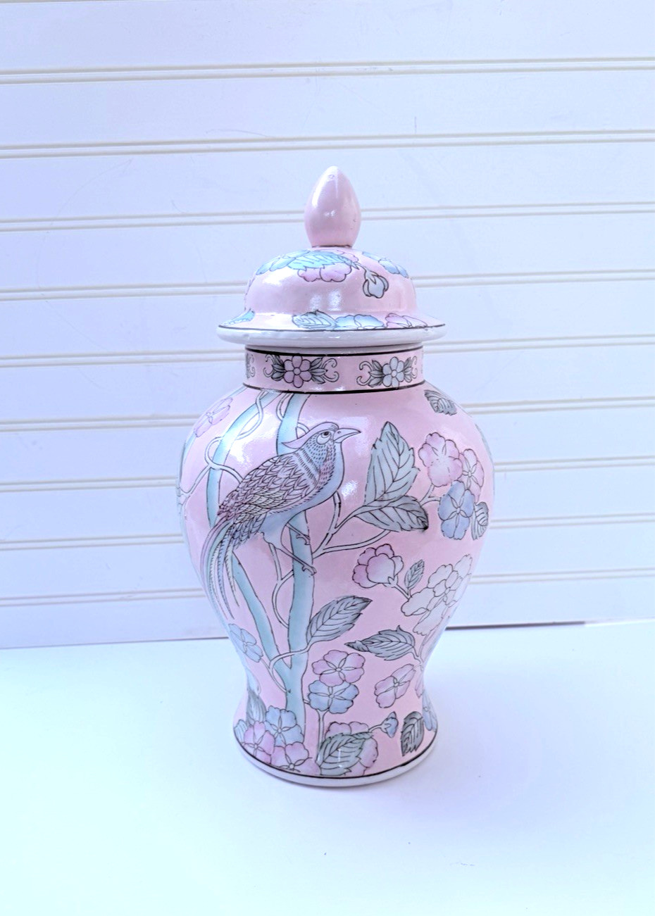 Pink Hand Painted Botanical Chinoiserie Ginger Jar Vase China 15.5
