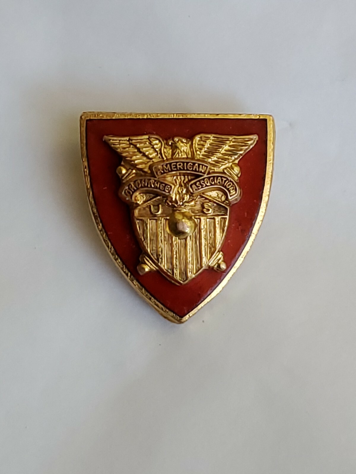 American Ordnance Association Member Lapel Pin Gold Crest On Red Shield Vintage