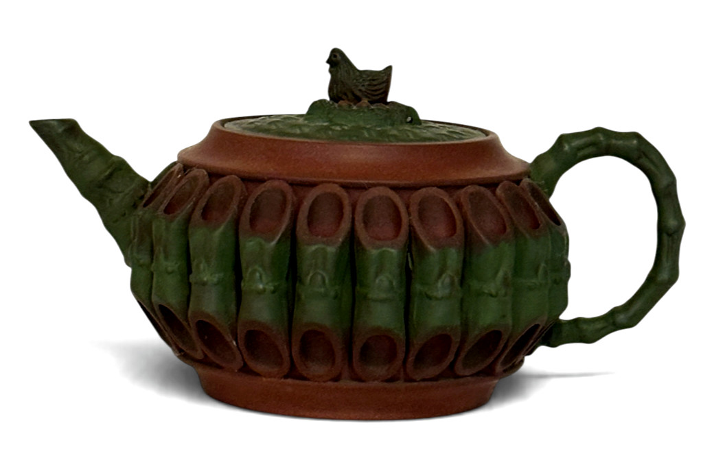 Chinese Yixing Zisha Clay Mini Teapot Bamboo Design Chicken Marked He Yanping
