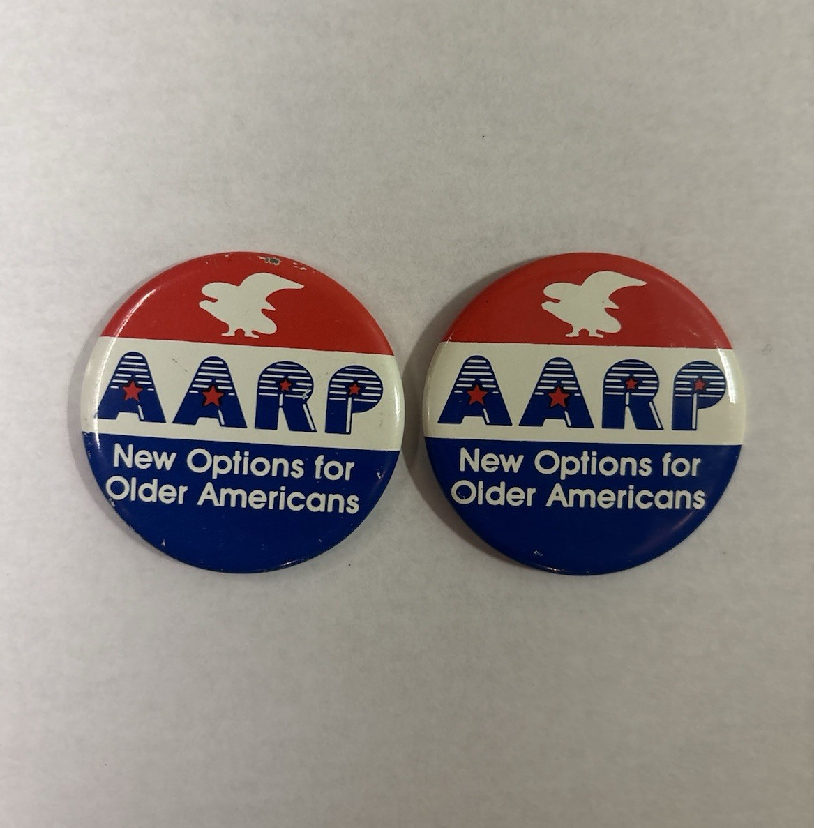 Vintage Collectibles - AARP Pin back Buttons Set of 2 Red White Blue