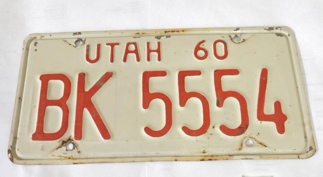 Utah 1960 License Plate BK 5554 - White Red - Repeating 555 Vintage 60's -...