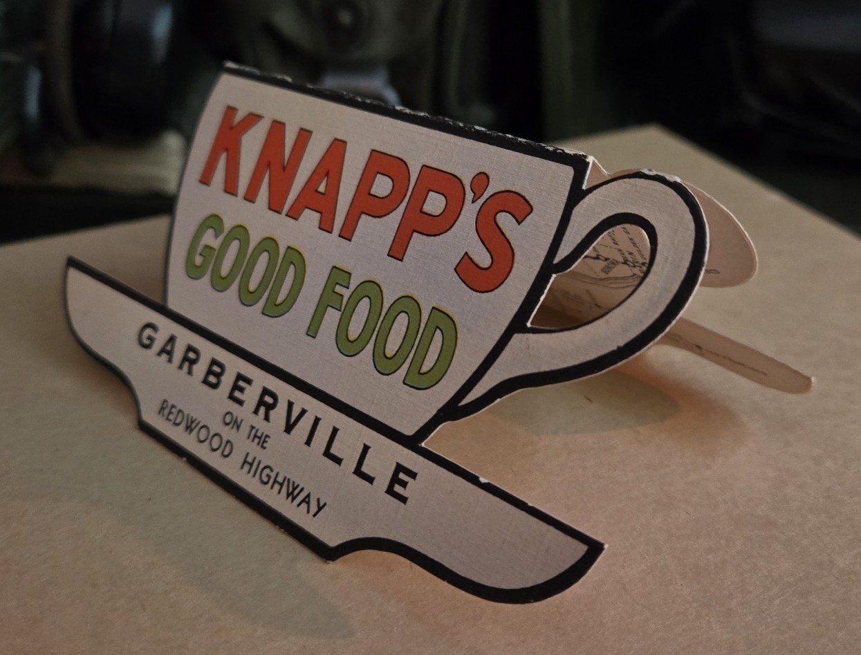 Knapp’s Good Food, Garberville, vintage 1940s tabletop standee ad – Redwood Hwy