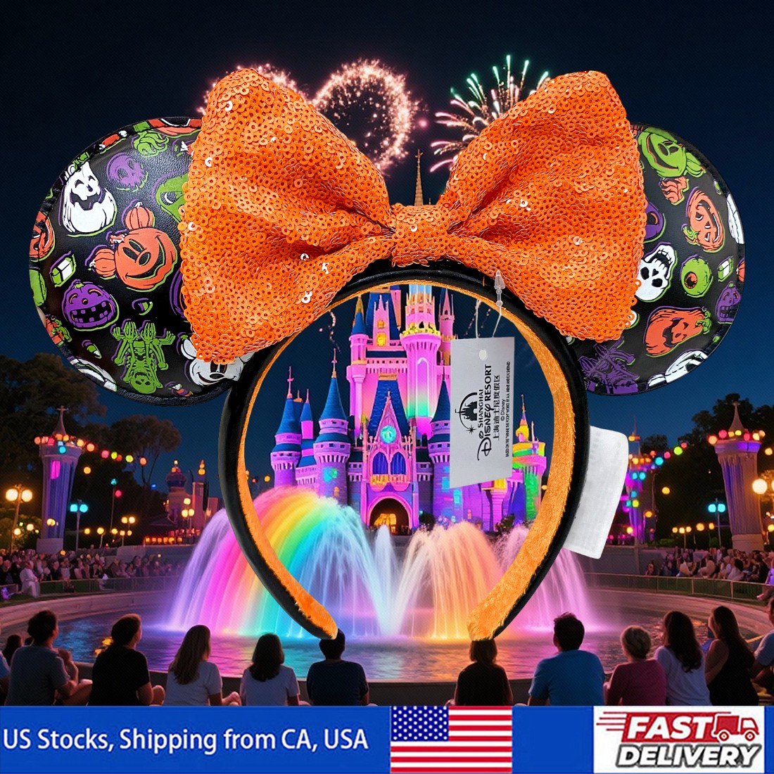 Disney\'s Minnie Mouse Ears Mickey Jack-o\'-lantern Headband with Orange Bow
