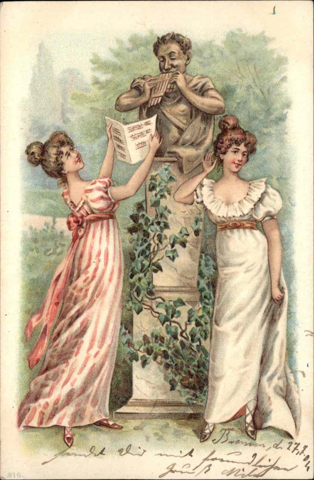 GRECO ROMAN ART NOUVEAU ROMANCE Women w Statue Antique Postcard GRECO ROMAN ART NOUVEAU ROMANCE Women w Statue Antique Postcard