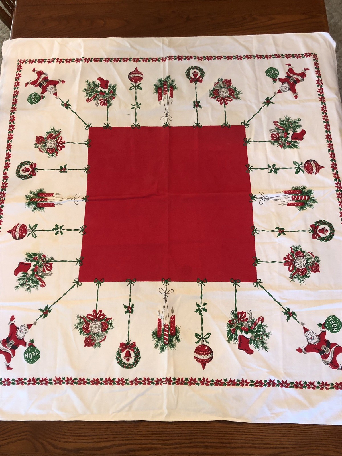 Vintage AS IS Christmas Tablecloth Santa Noel Holly Stocking Poinsettia MCM Vintage AS IS Christmas Tablecloth Santa Noel Holly Stocking Poinsettia MCM