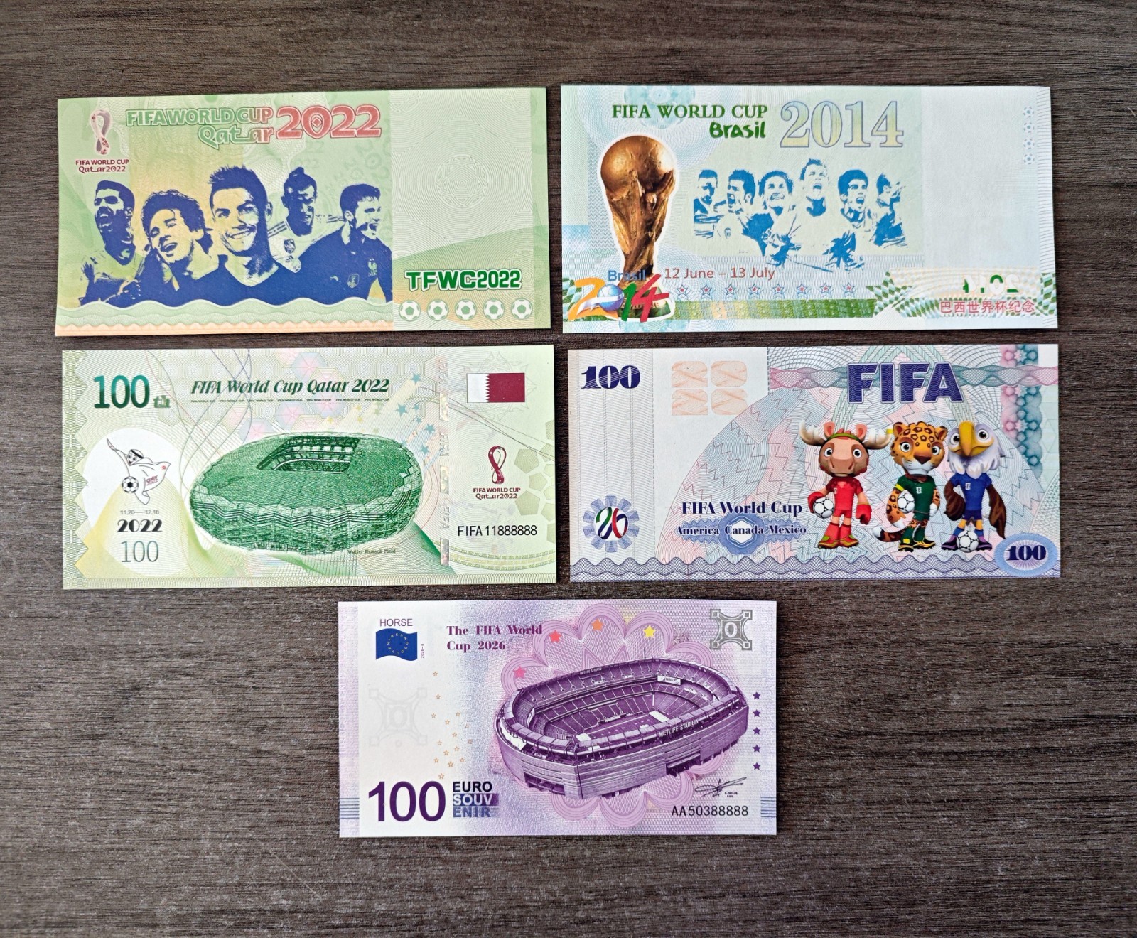 SET, 5Pcs Qatar Hercules Football Commemorative Banknote, Mascot Star, UNC