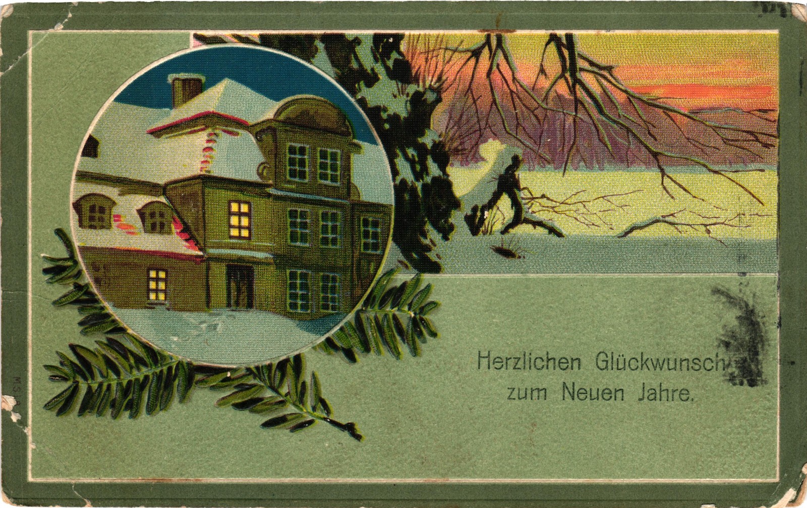 Antique German New Year Postcard Winter House Snow Scene Embossed 1910s