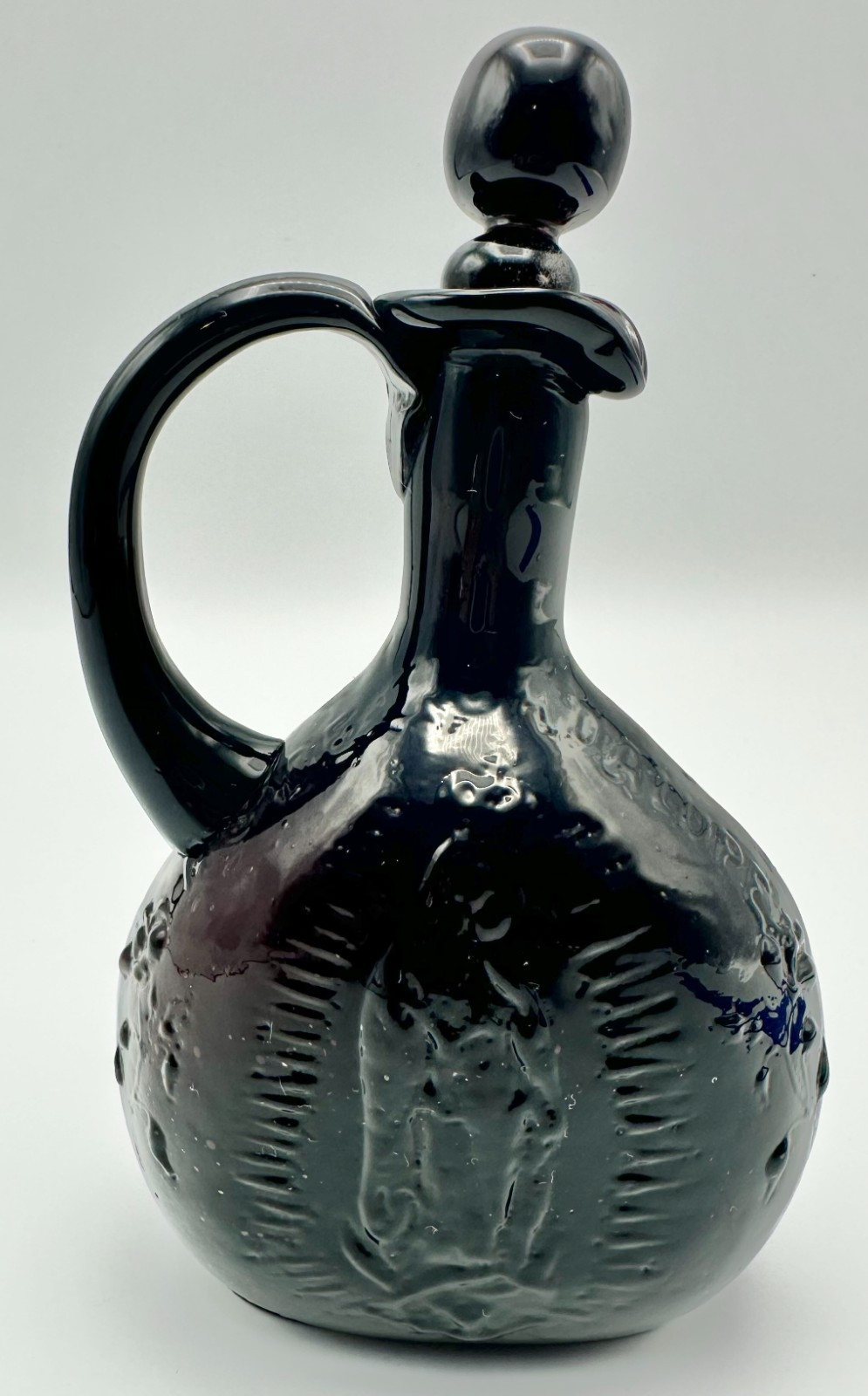Antique Lady of Guadalupe Holy Water Glass Jug, w/Stopper Lid & Handle; RARE