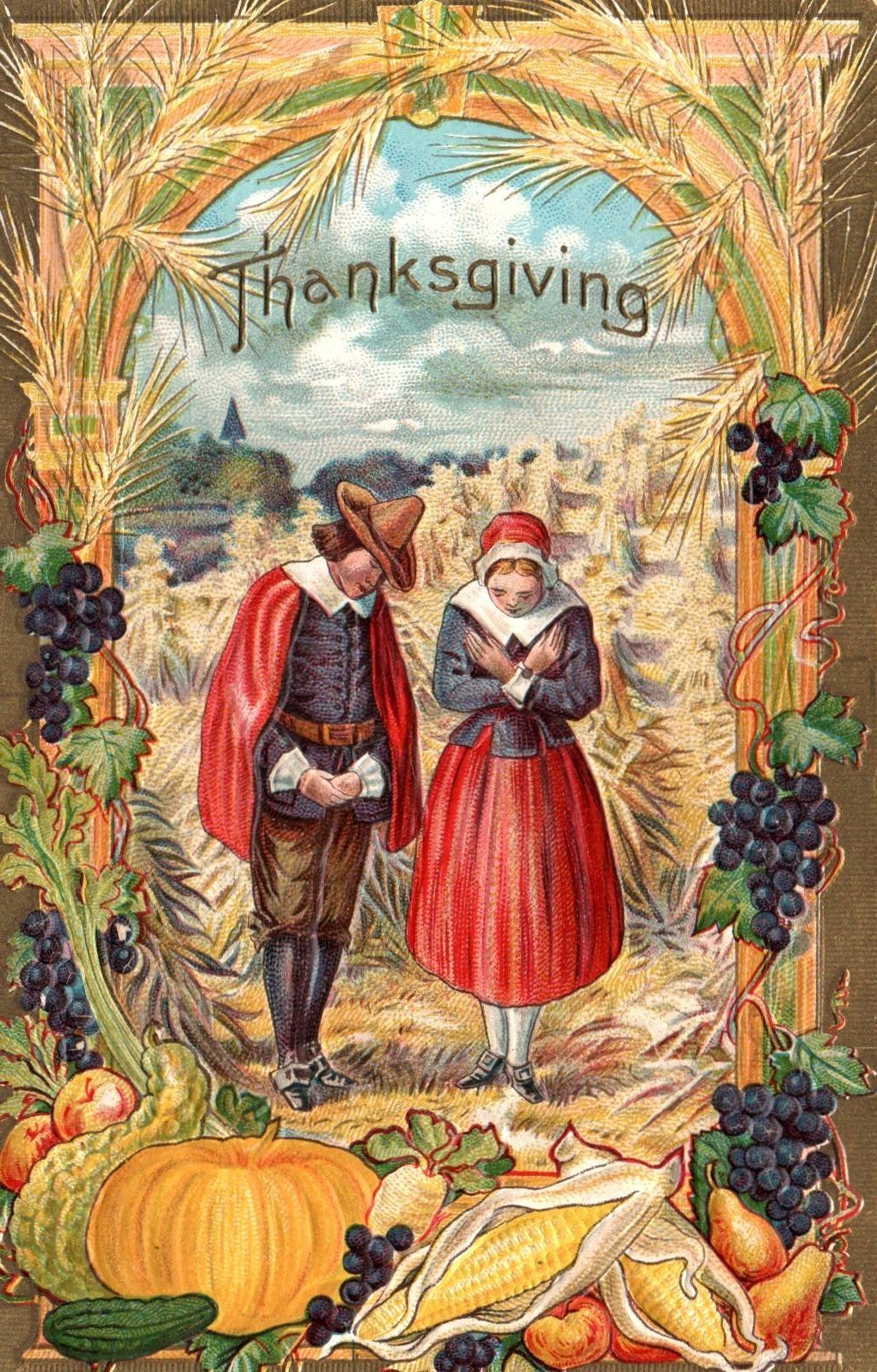 PILGRIM COUPLE, CORN FIELD, HARVEST BOUNTY Vintage Unused THANKSGIVING Postcard