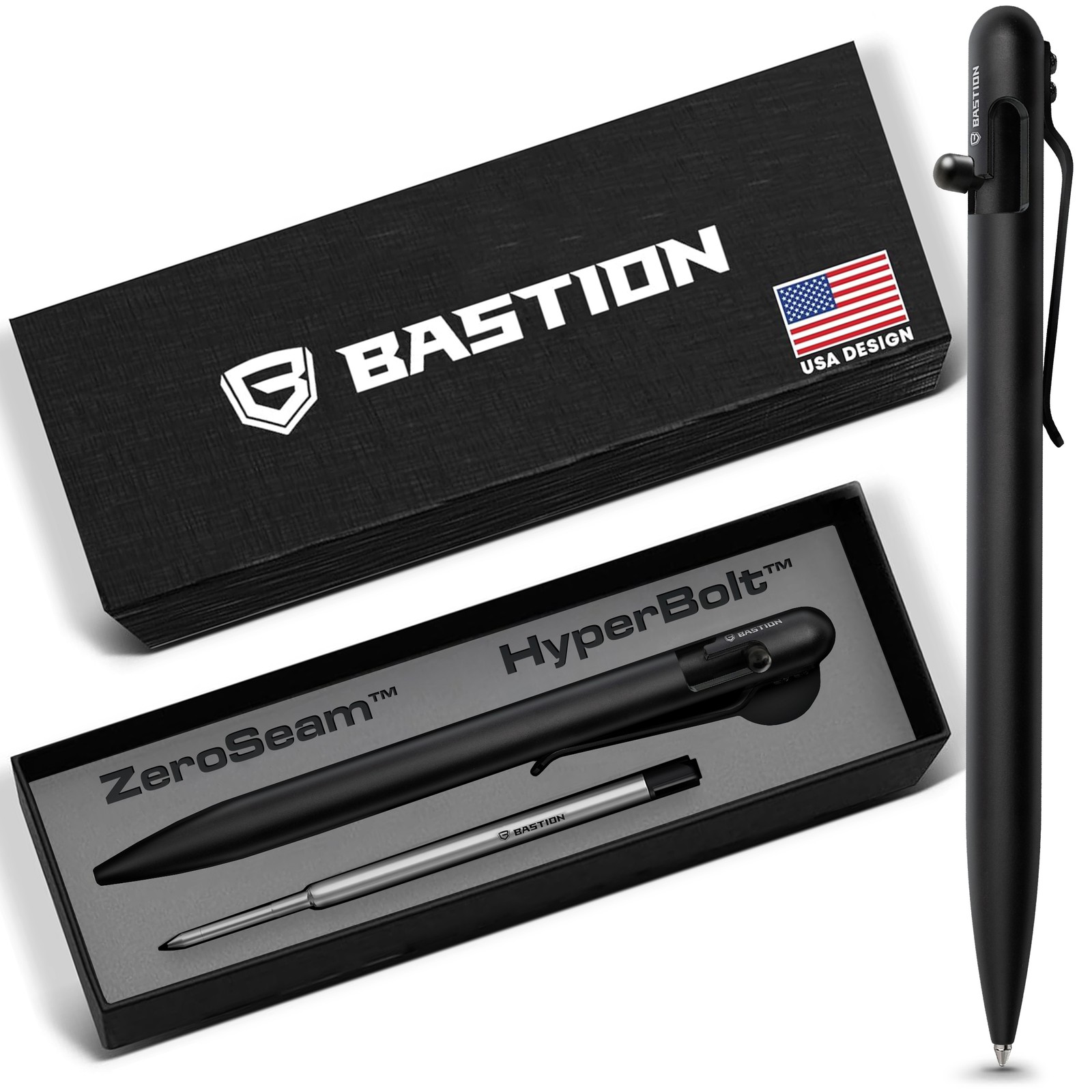 BASTION Slim Stainless Steel Black Bolt Action Ink Pen | EDC Pocket Mens Gift