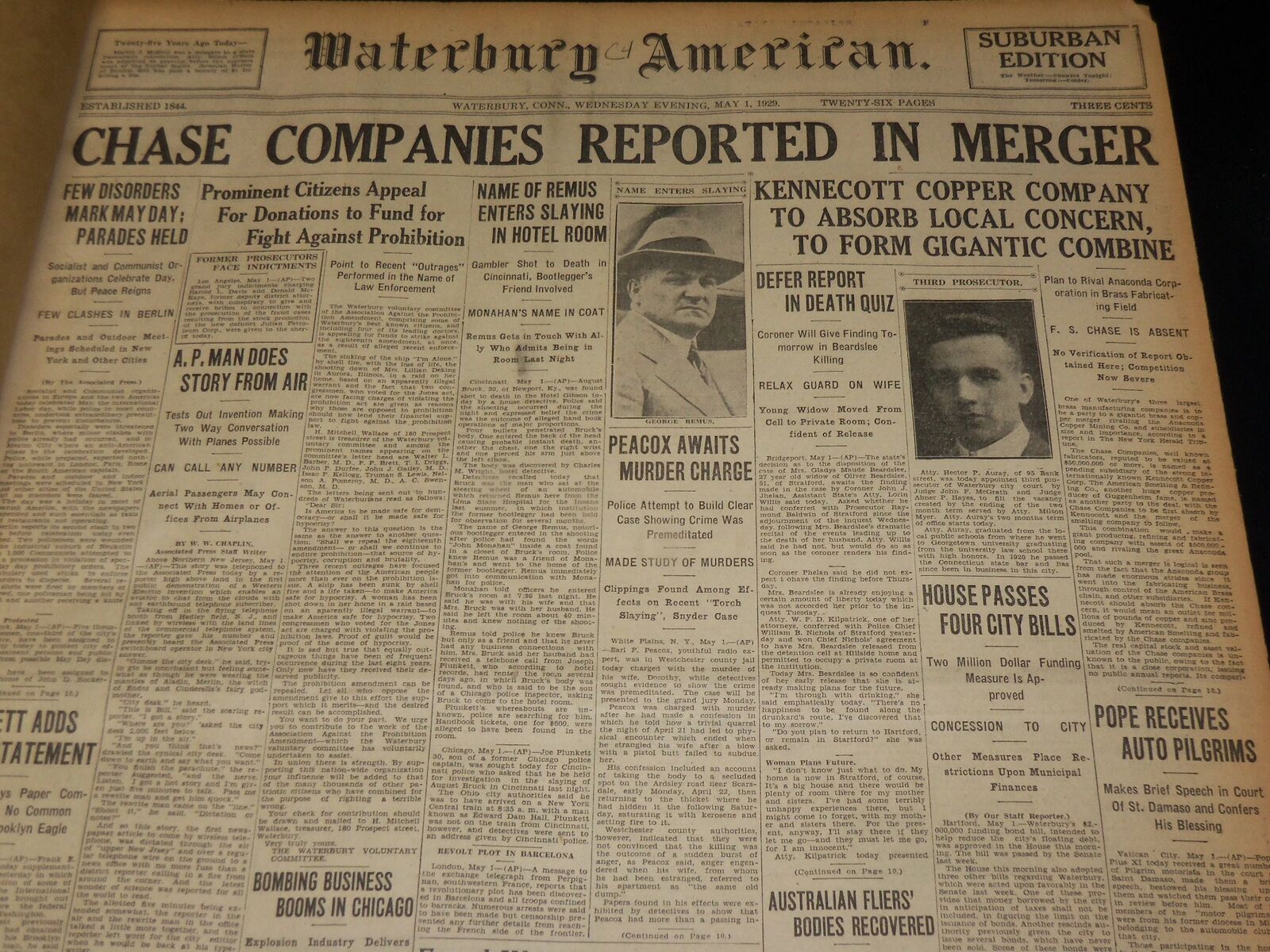 1929 MAY-JUNE WATERBURY AMERICAN NEWSPAPER BOUND VOLUME - NICE HEADLINES - VB 32