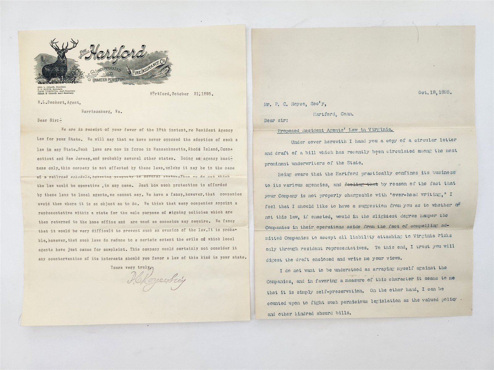 1895 antique HARTFORD FIRE INSURANCE CO hartford ct LETTERS virginia law regs