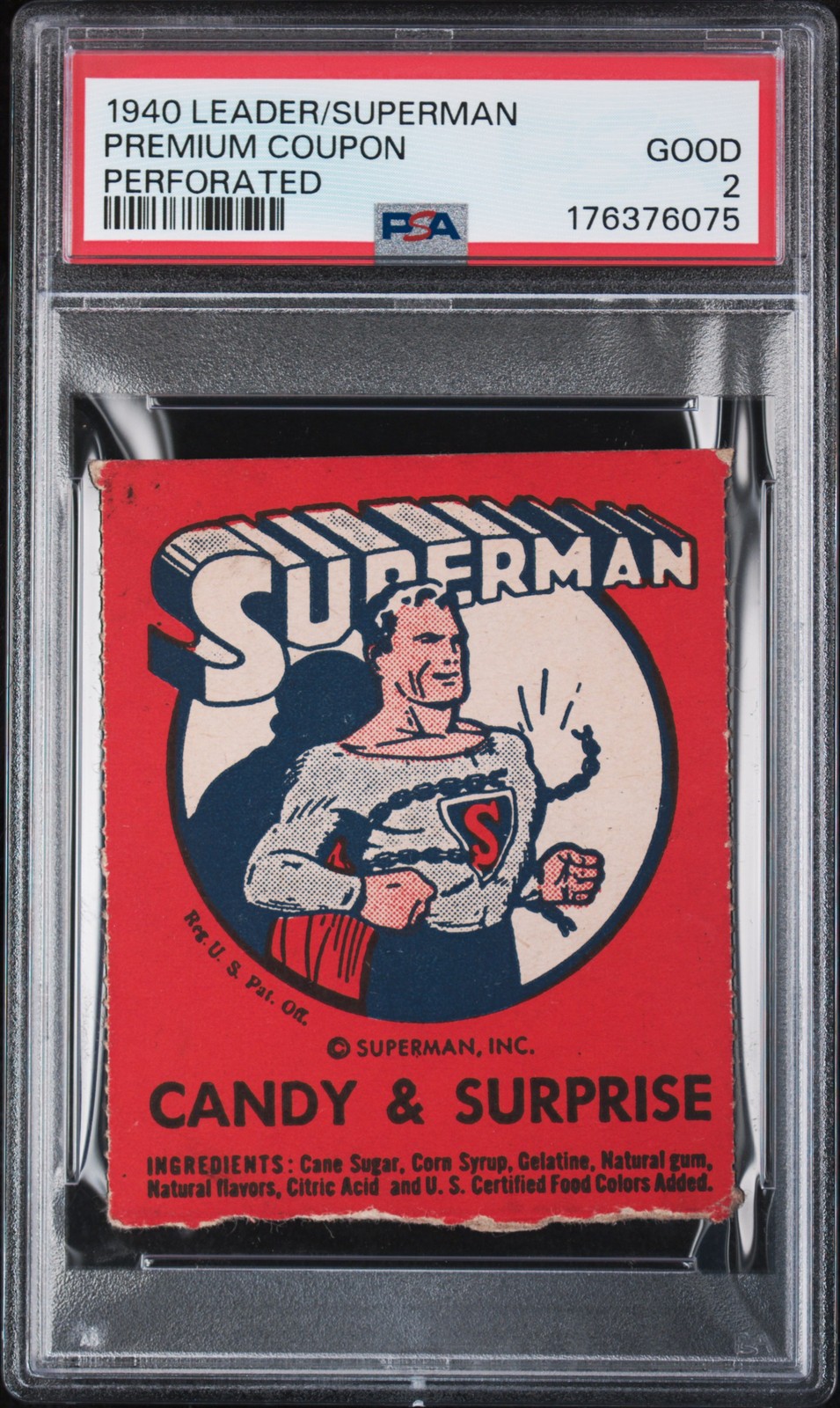 1940 LEADER NOVELTY CANDY CO. SUPERMAN-PERFORATED PREMIUM COUPON PSA 2