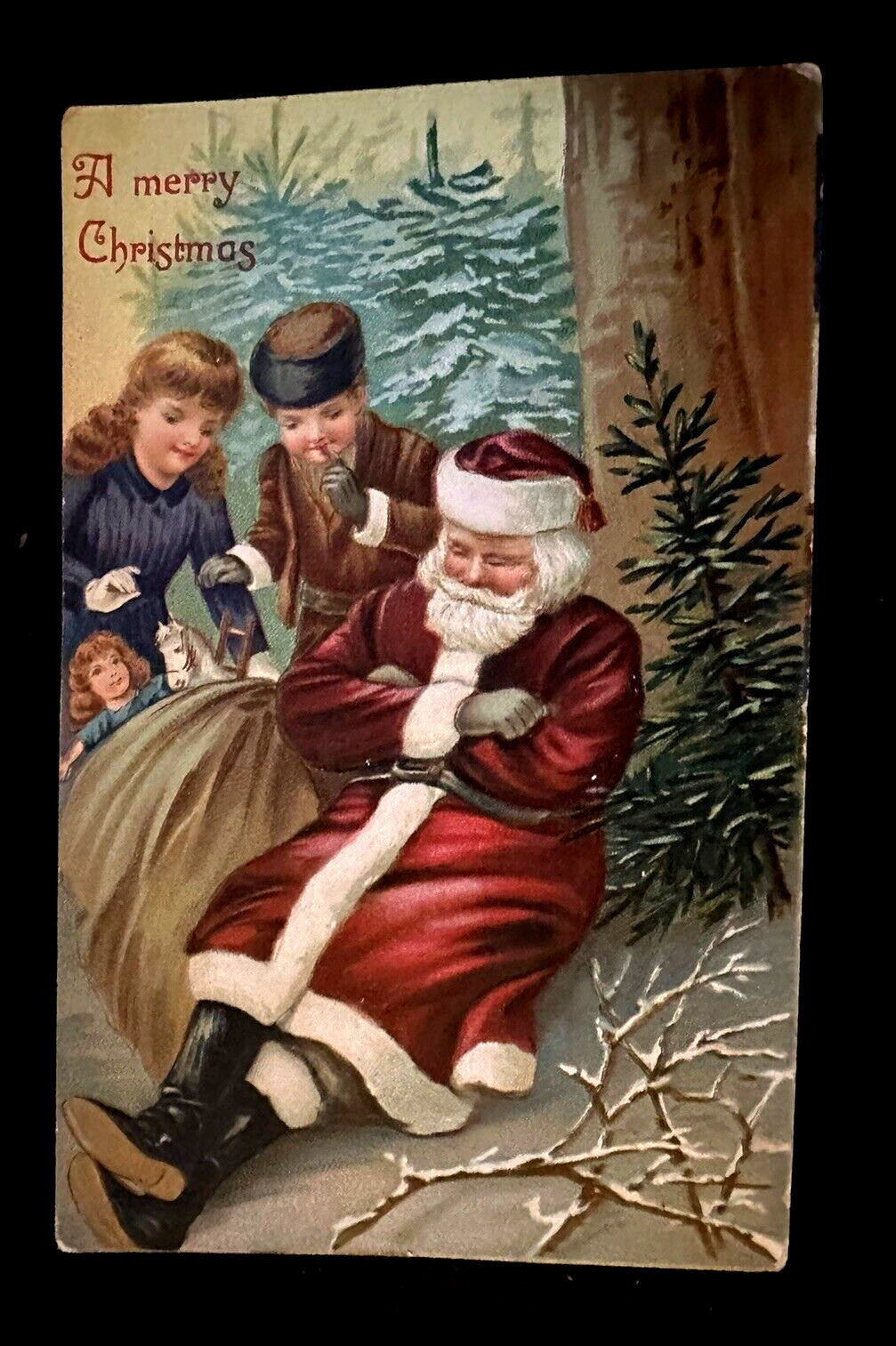 Christmas~Santa Claus Sleeping ~in Forest~Children Look at Toys~Postcard~k531