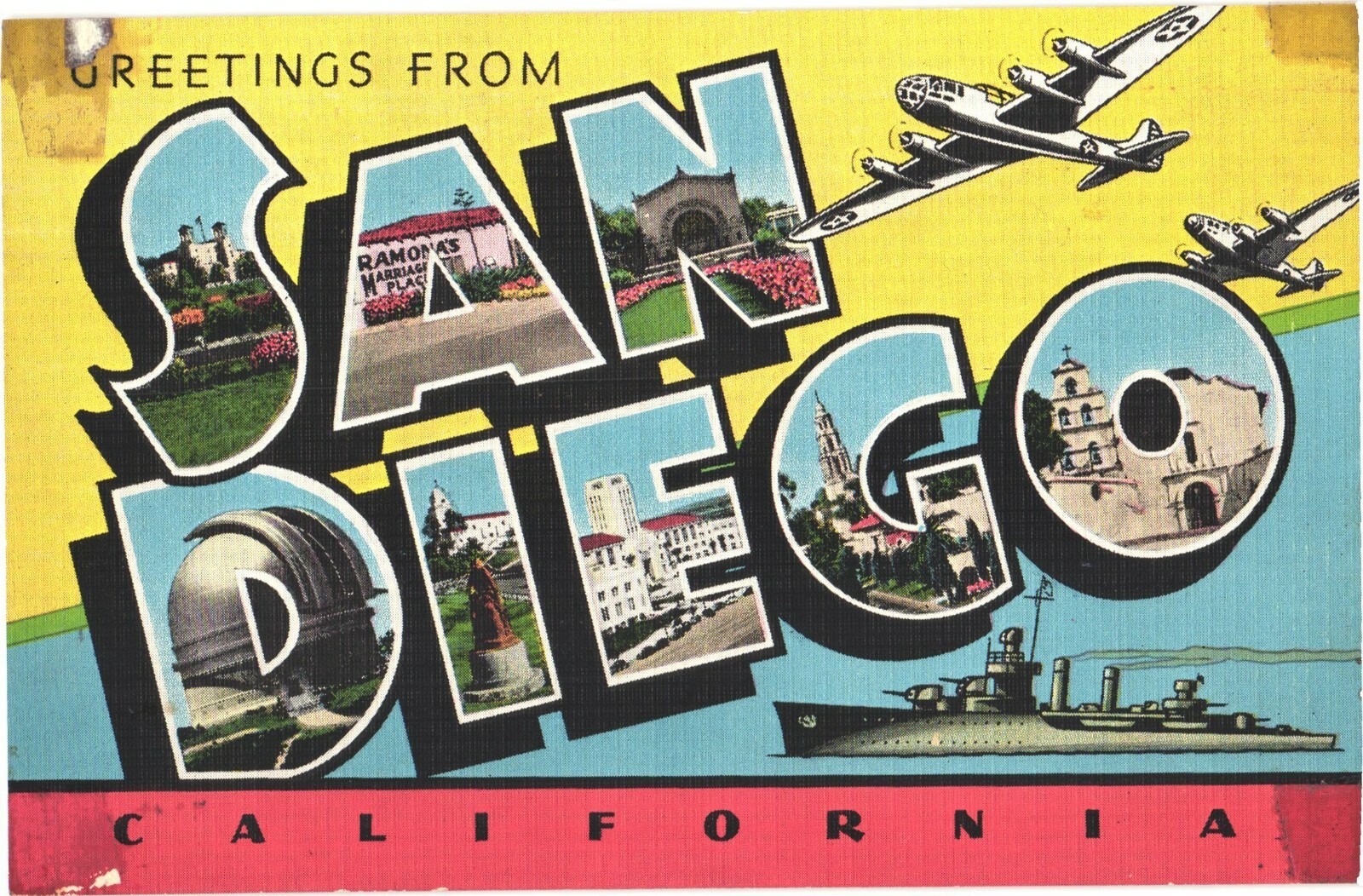 San Diego CA Large Letter Greetings Linen Postcard 1940s Planes Warship Unused