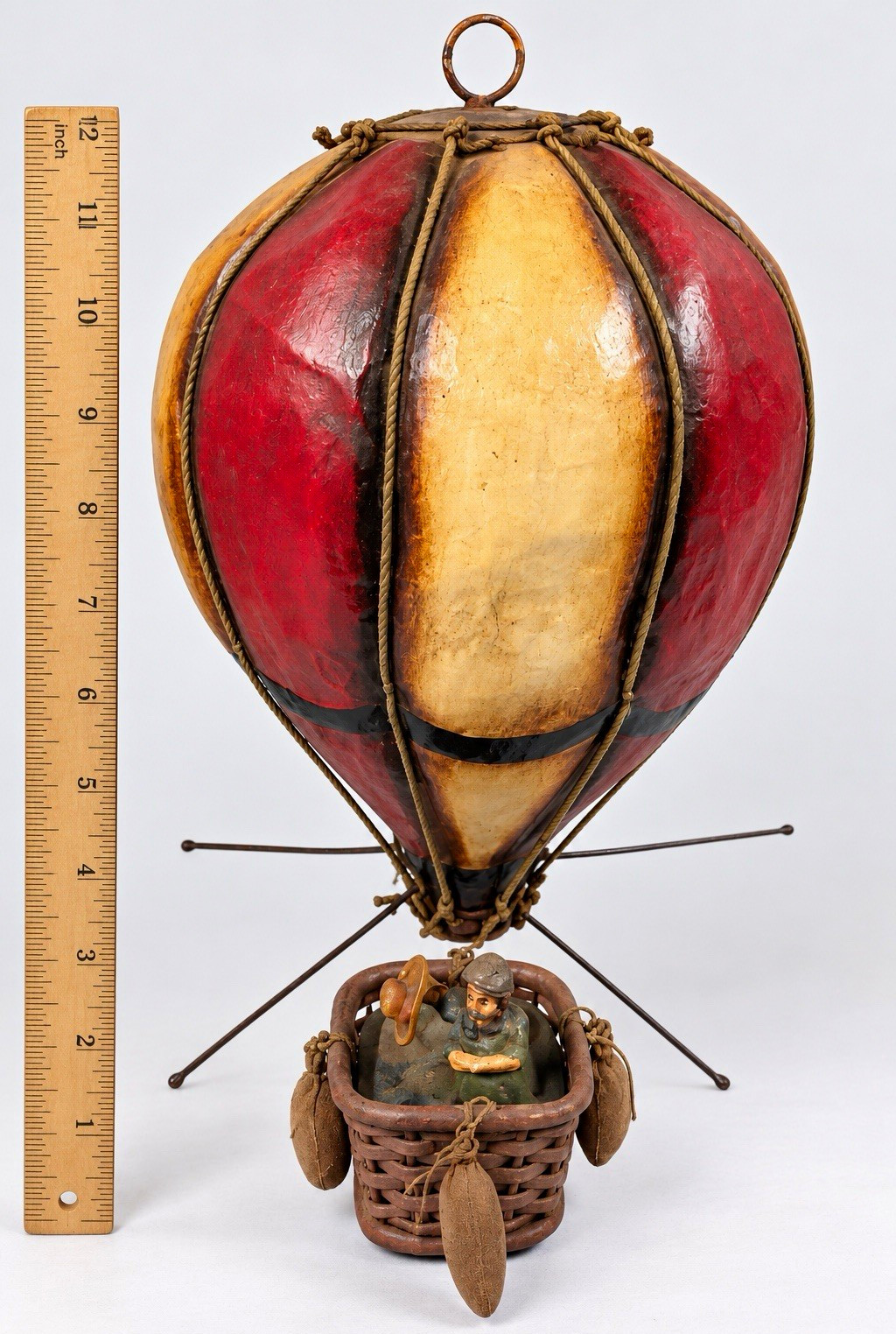 Vintage Papier Mâche Hot Air Balloon Basket & Figurine Folk Art Display
