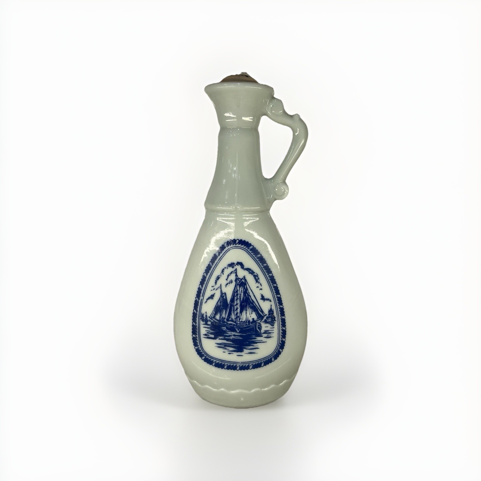 Vintage 1963 Jim Beam Milk Glass Decanter | Blue Delft Sailing Ship Windmill Bar