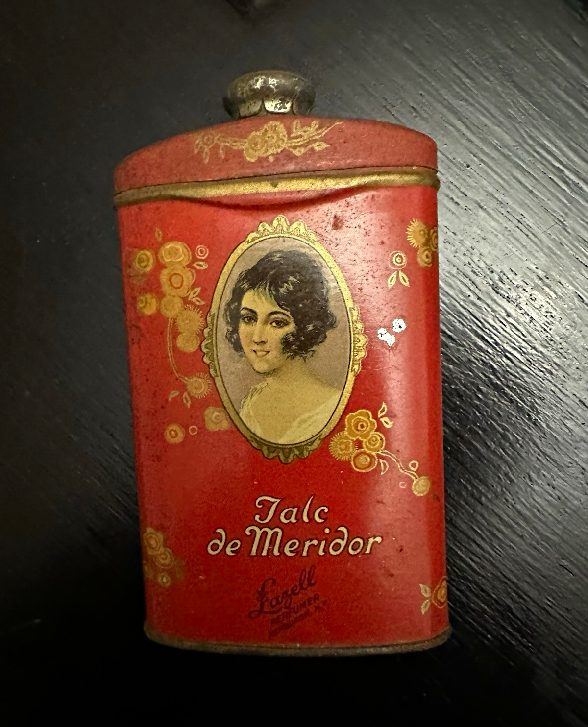 Antique Lazell Perfumer Talc de Meridor Powder Tin Newburgh NY Litho w Contents