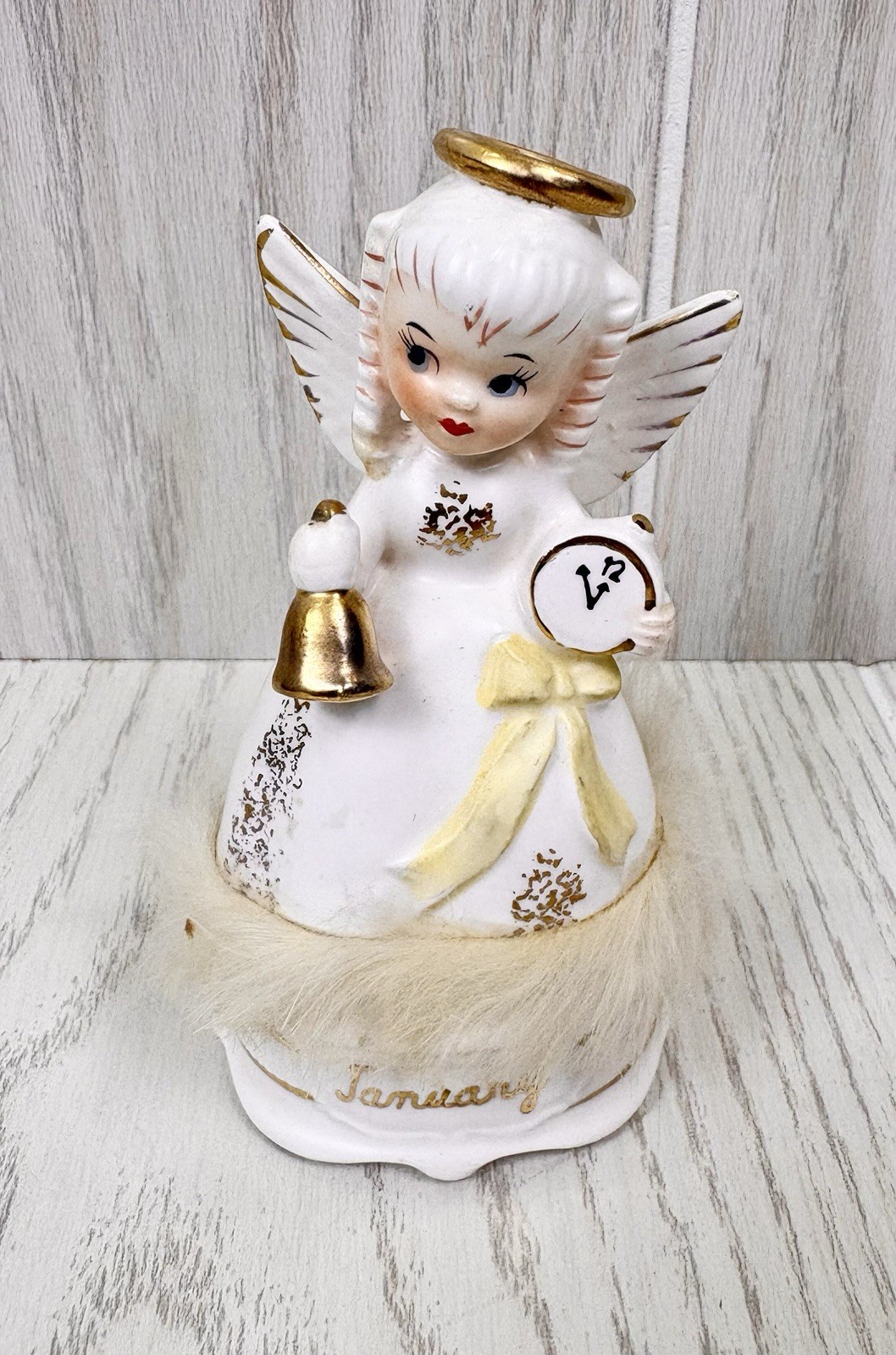 Vintage Napco January Birthday Girl Angel Figurine Fur Trim  Japan Gold Bell