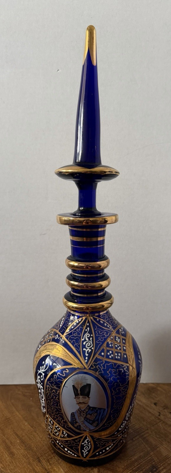 Antique Persian Cobalt Blue Glass Decanter Bottle Gilded w/ Stopper 20.5 Tall Antique Persian Cobalt Blue Glass Decanter Bottle Gilded w/ Stopper 20.5 Tall