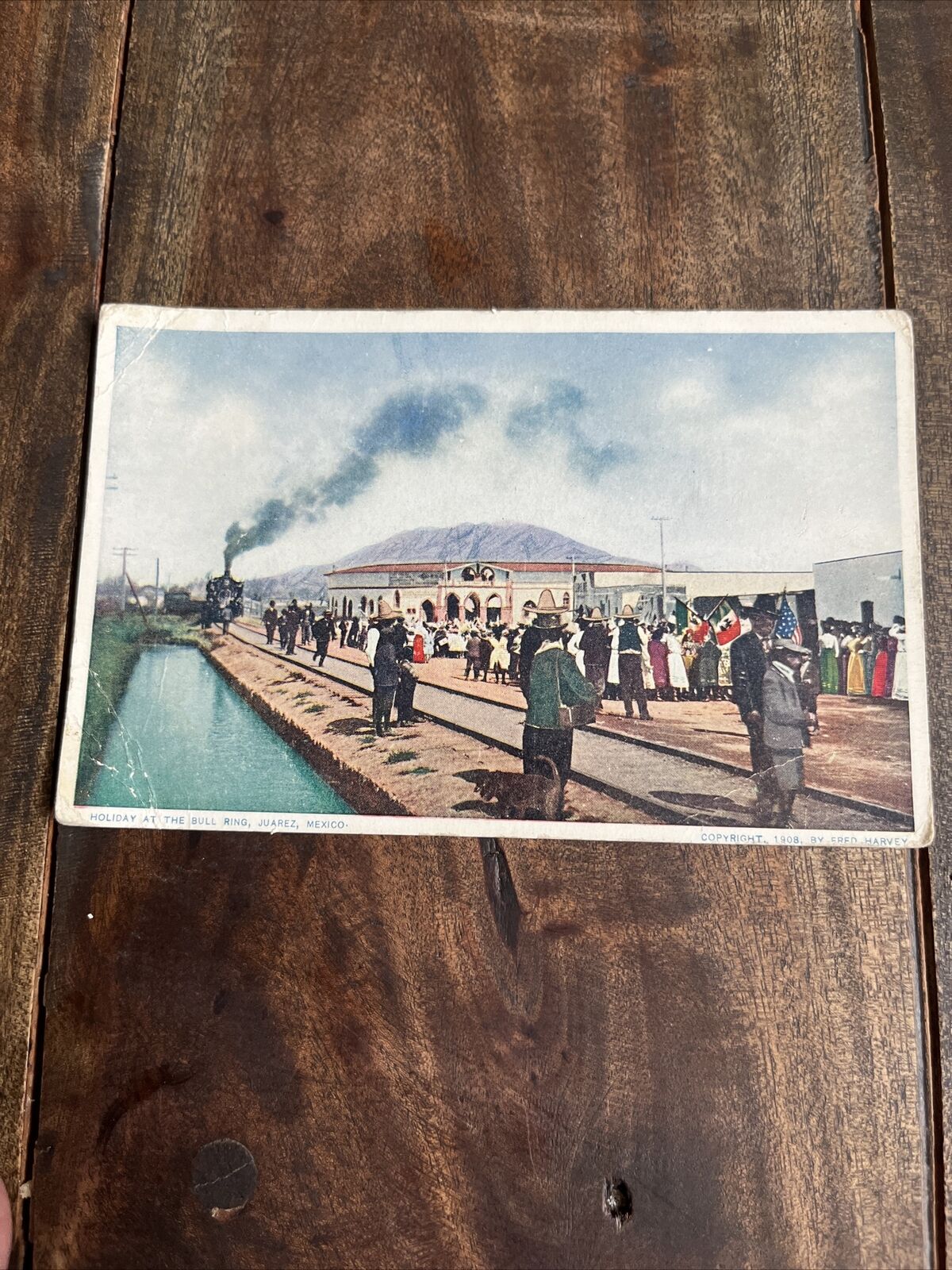 Vintage Holiday At The Bull Ring Juarez Mexico 1908 Blank Fred Harvey Postcard