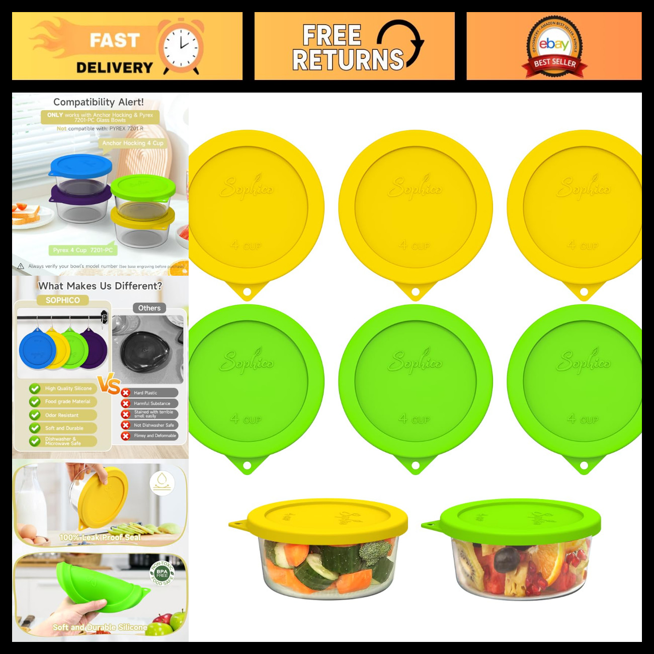 SOPHICO 4 Cup Silicone Lids Replacement for Pyrex & Anchor Hocking 7201-PC
