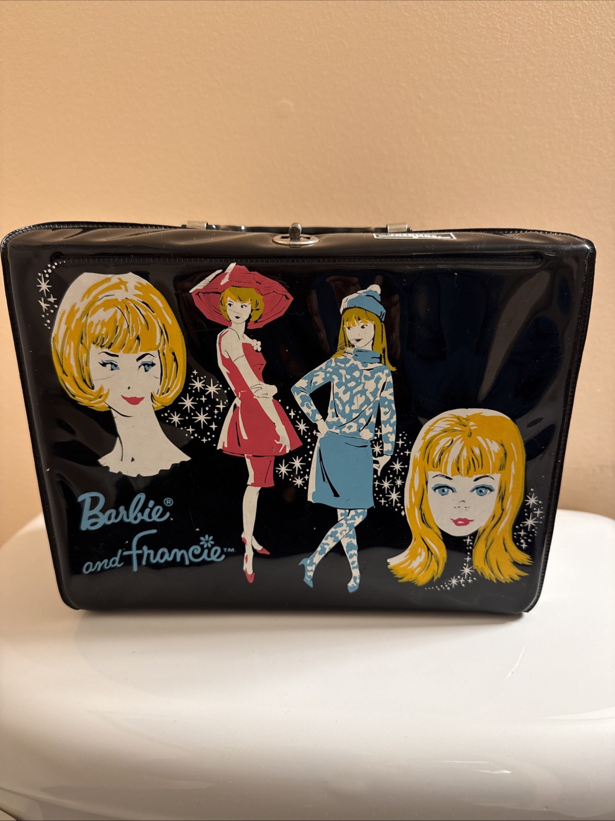 1965 Barbie and Francie Lunchbox Black Vinyl Thermos Not Included Vintage Mattel