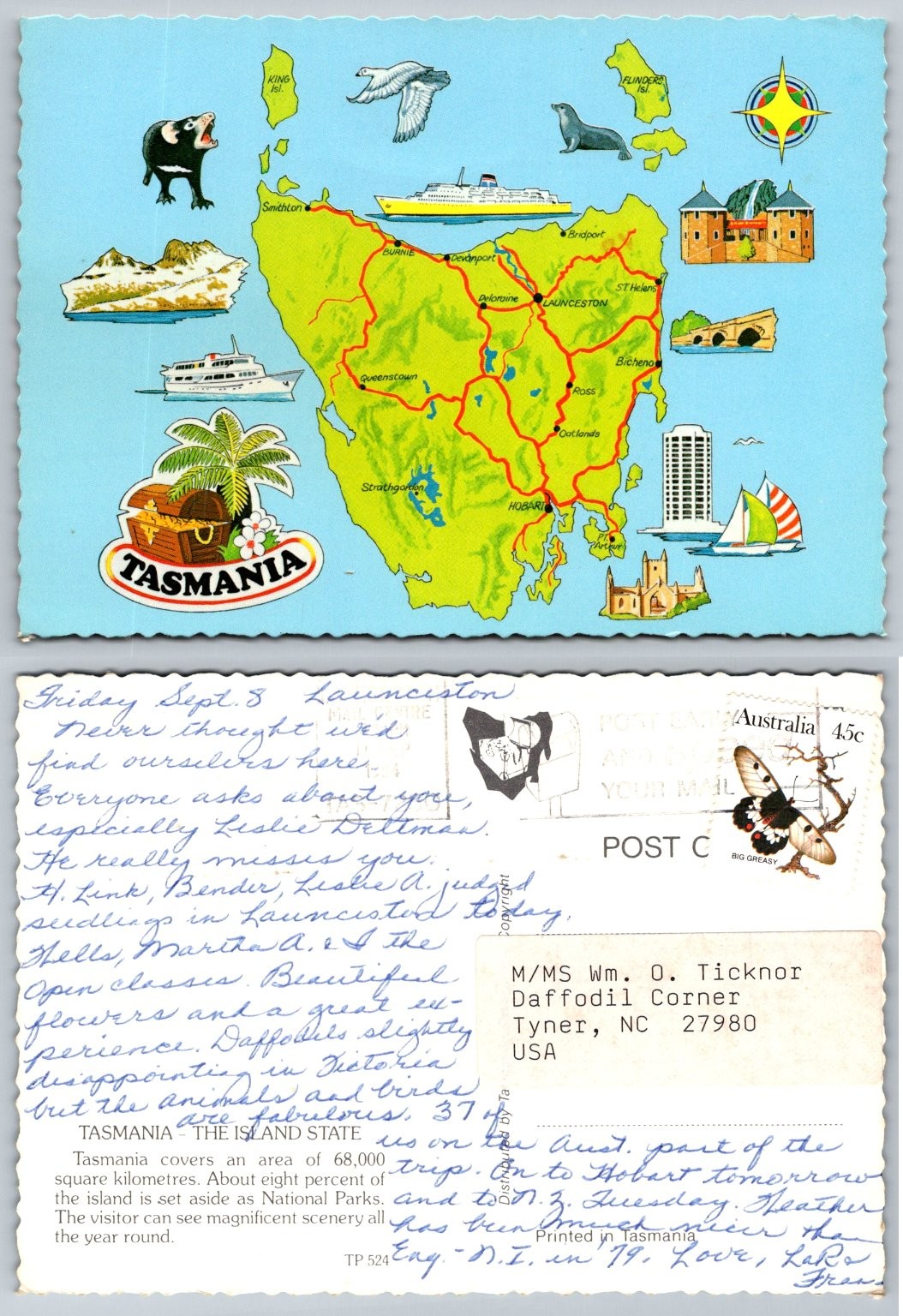 Vintage Tasmania Australia Map Postcard - Tasmanian Devil, Ferry, Cities 1979 Vintage Tasmania Australia Map Postcard - Tasmanian Devil, Ferry, Cities 1979