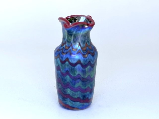 Blue  Luster  Vase With Red Wave Design. Blown Glass by Josiah Alcaraz