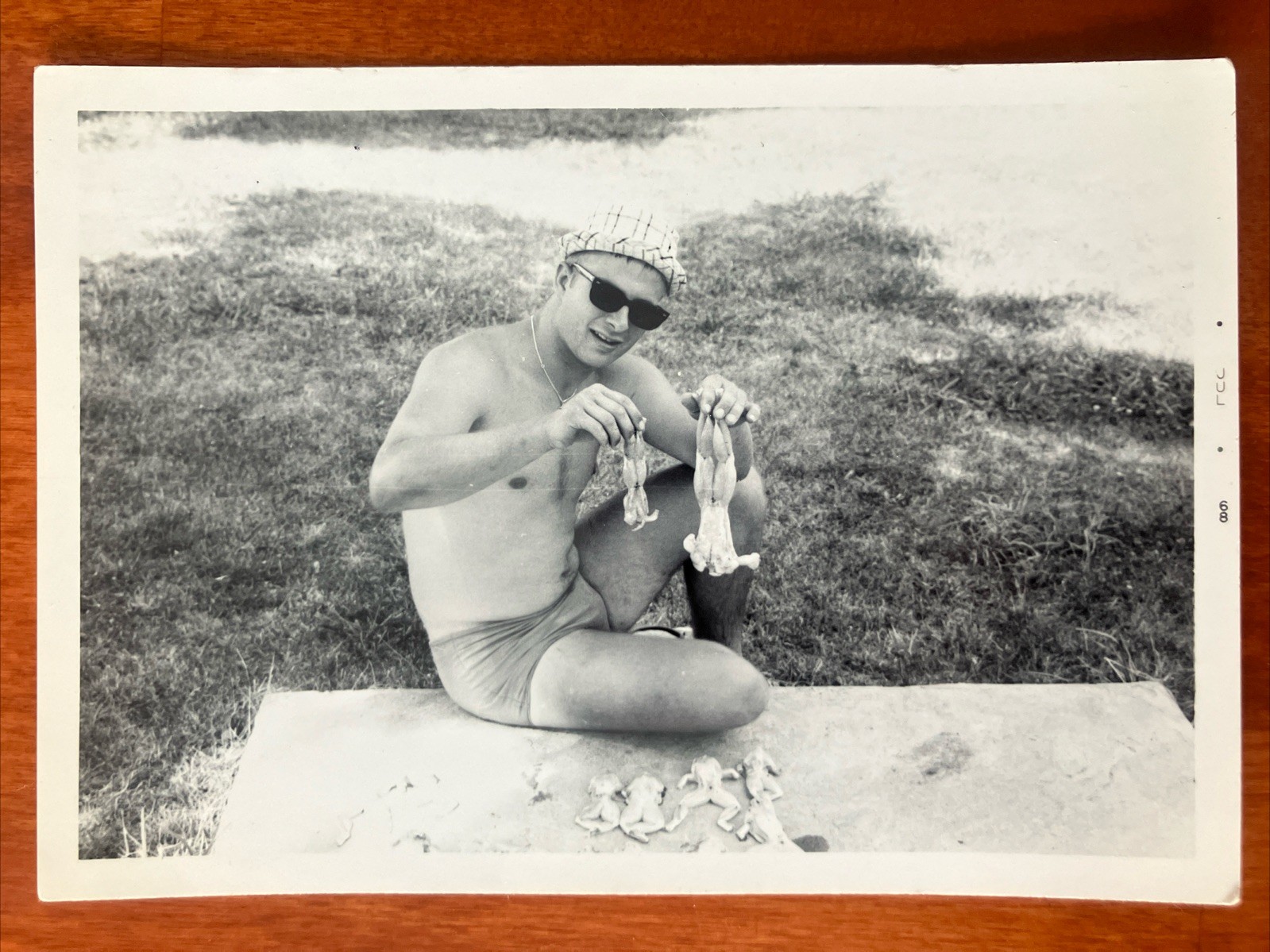 Vtg Found Photo ID\'d Man Picnic Cooking Frogs 1968 60s Funny 5 x 4