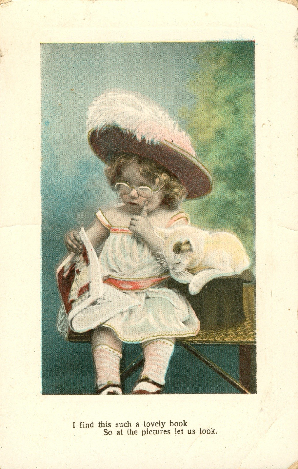 Cat & Little Girl in Glasses 'Lovely Book' Postcard Antique 1909