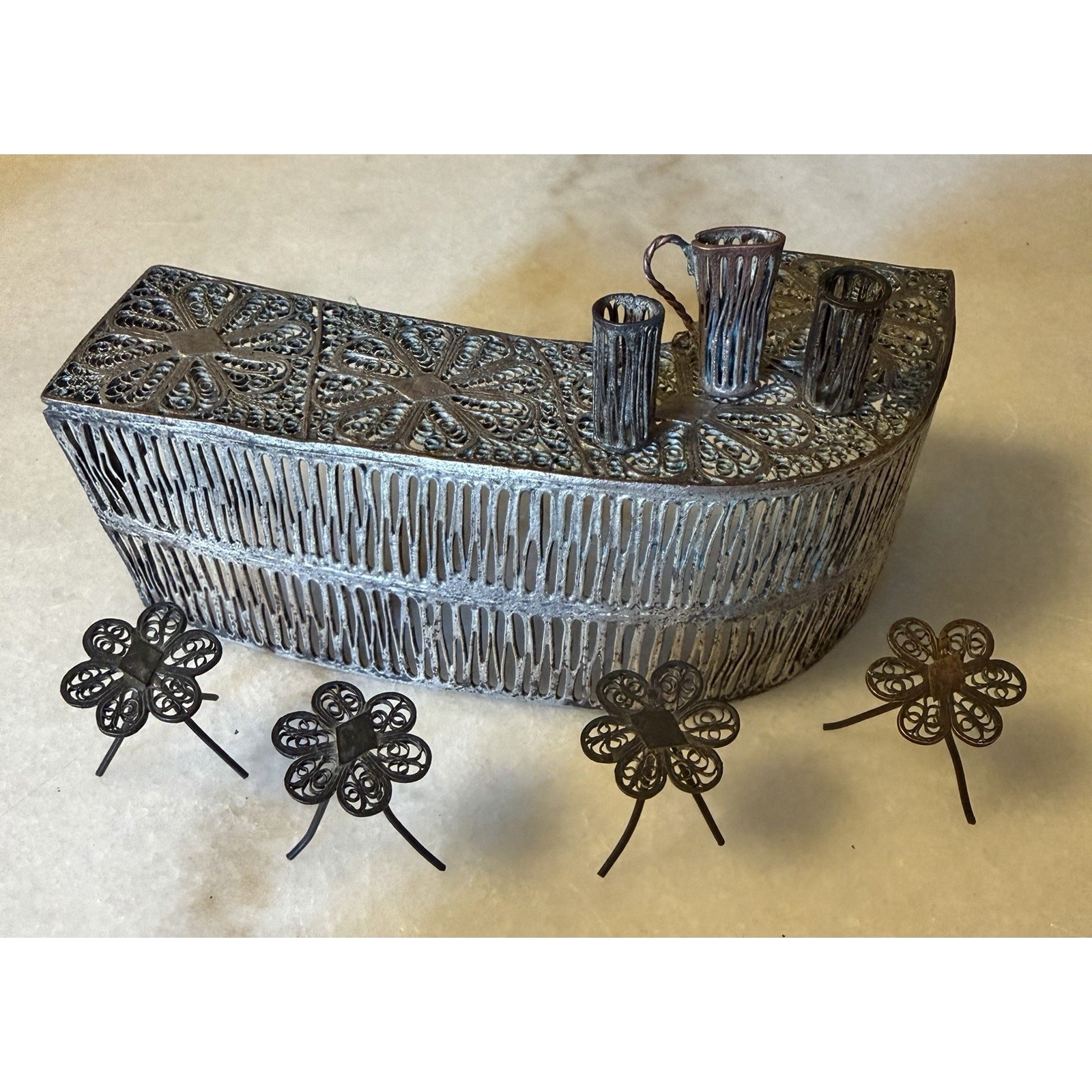 VTG Silverplate Filigree Miniature Bar Set w/Stools Pitcher Cups, 8pc - Daisy