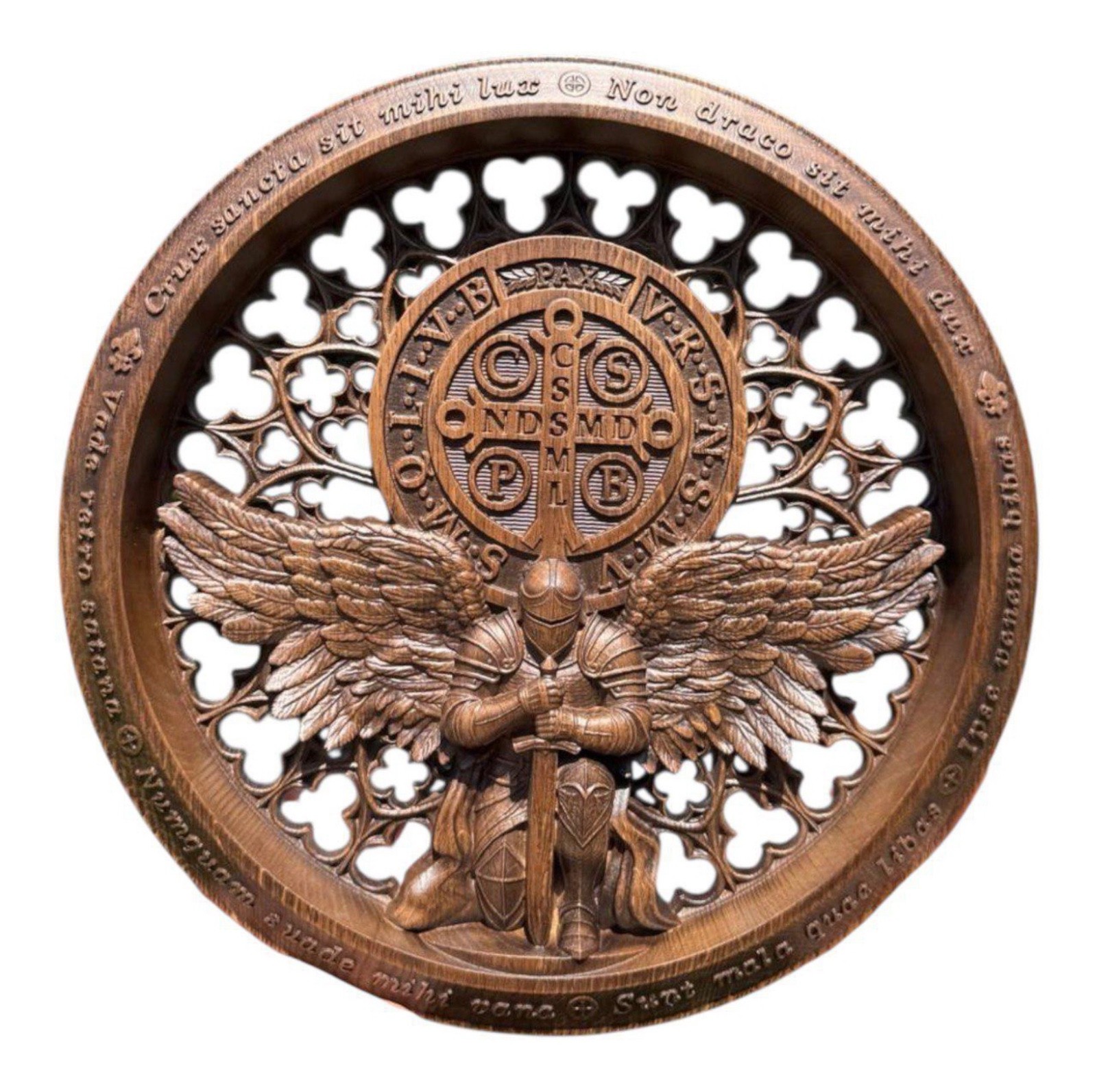 St Benedict Wooden Icon Wall Art Hand Carved Oak Christian Protection Plaque