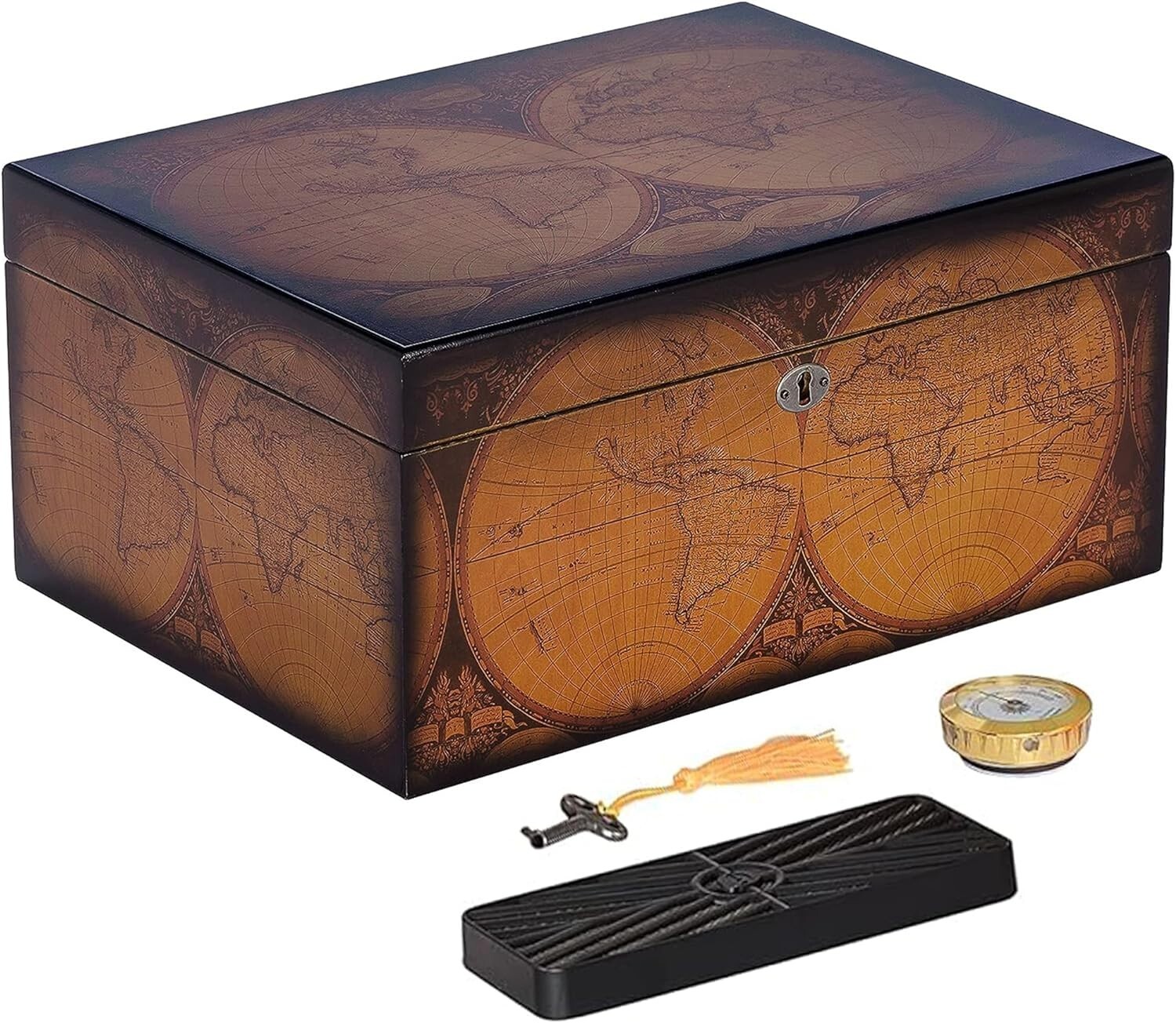Old World Vintage Cigar Humidor Wood Box, Spanish Cedar - 100 Cigars Storage Old World Vintage Cigar Humidor Wood Box, Spanish Cedar - 100 Cigars Storage