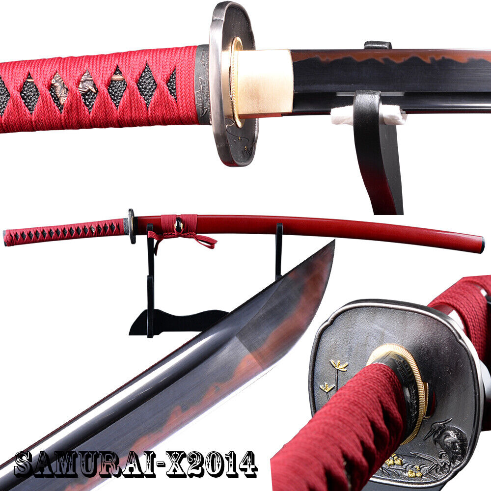 Egret Hand Guard Japanese Sword Samurai Katana Black & Red 1095 Carbon Steel
