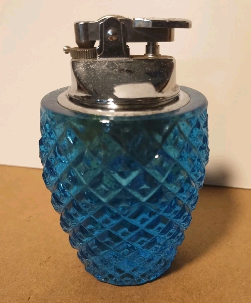 Vintage MID-CENTURY JAPAN Textured Teal Glass BUTANE TABLE LIGHTER