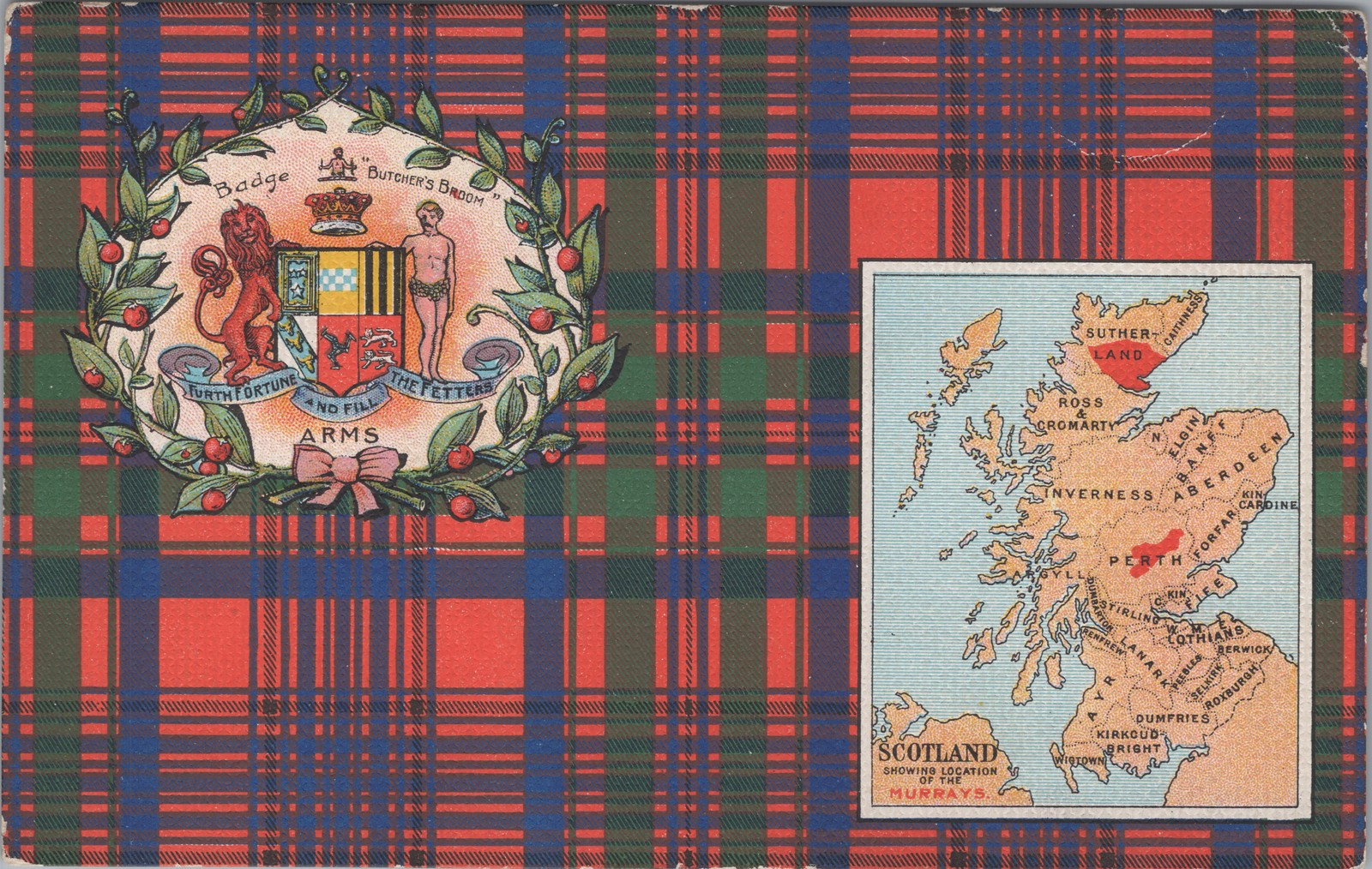 Clan Murray Scotland Tartan Coat of Arms Map Postcard W&AK Johnston c.1905 Clan Murray Scotland Tartan Coat of Arms Map Postcard W&AK Johnston c.1905