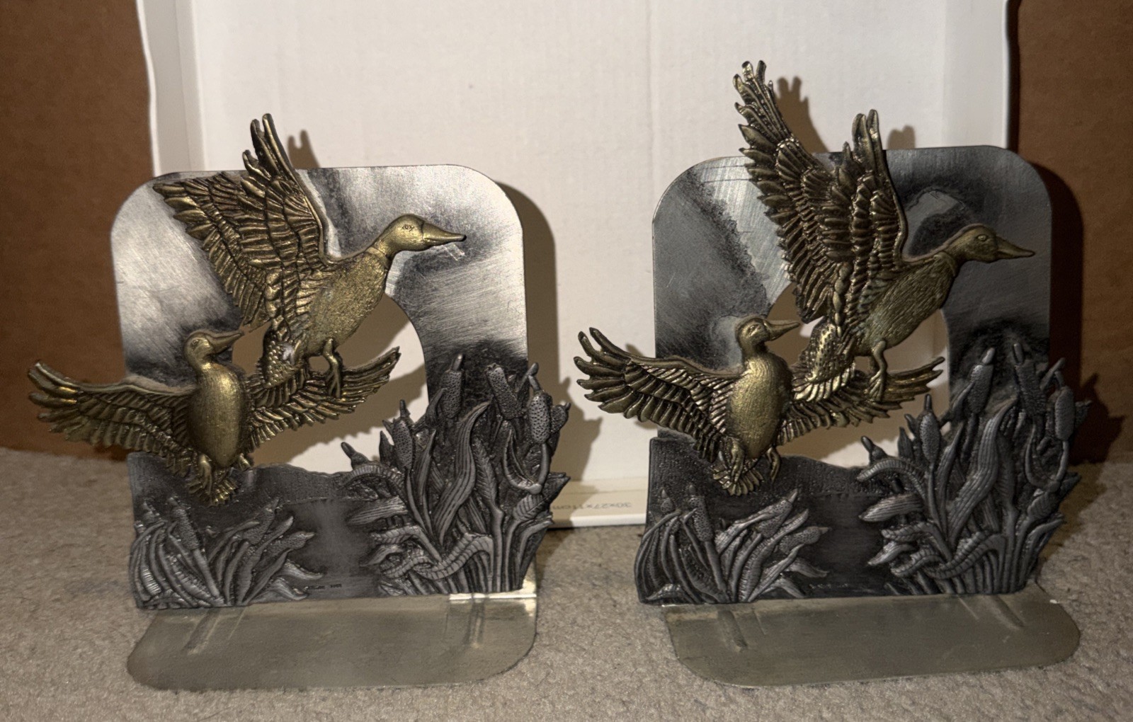 Rare Vintage 1980 Metzke Brass Pewter Duck Cattails Bookends - Sturdy 1lb 3oz Ea