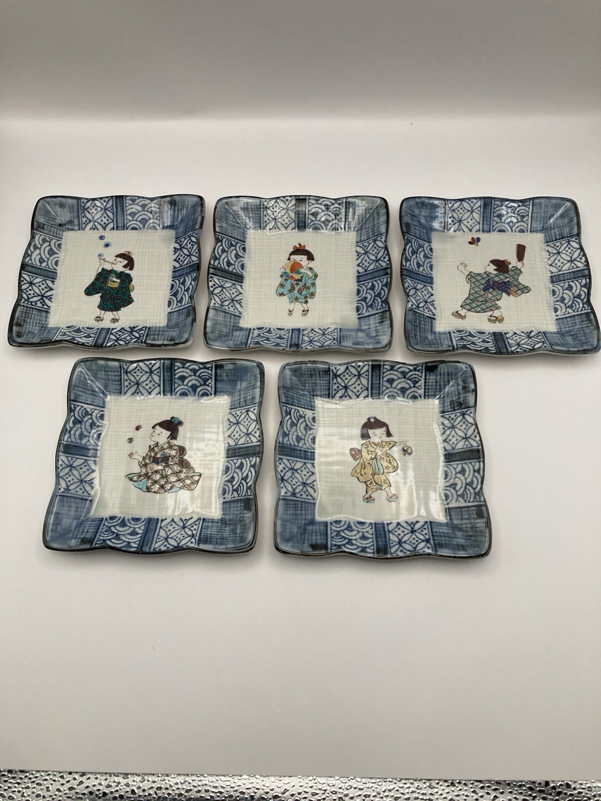 Kutani Yaki Ware Dessert Plates Set 5 Japanese Children at Play 5