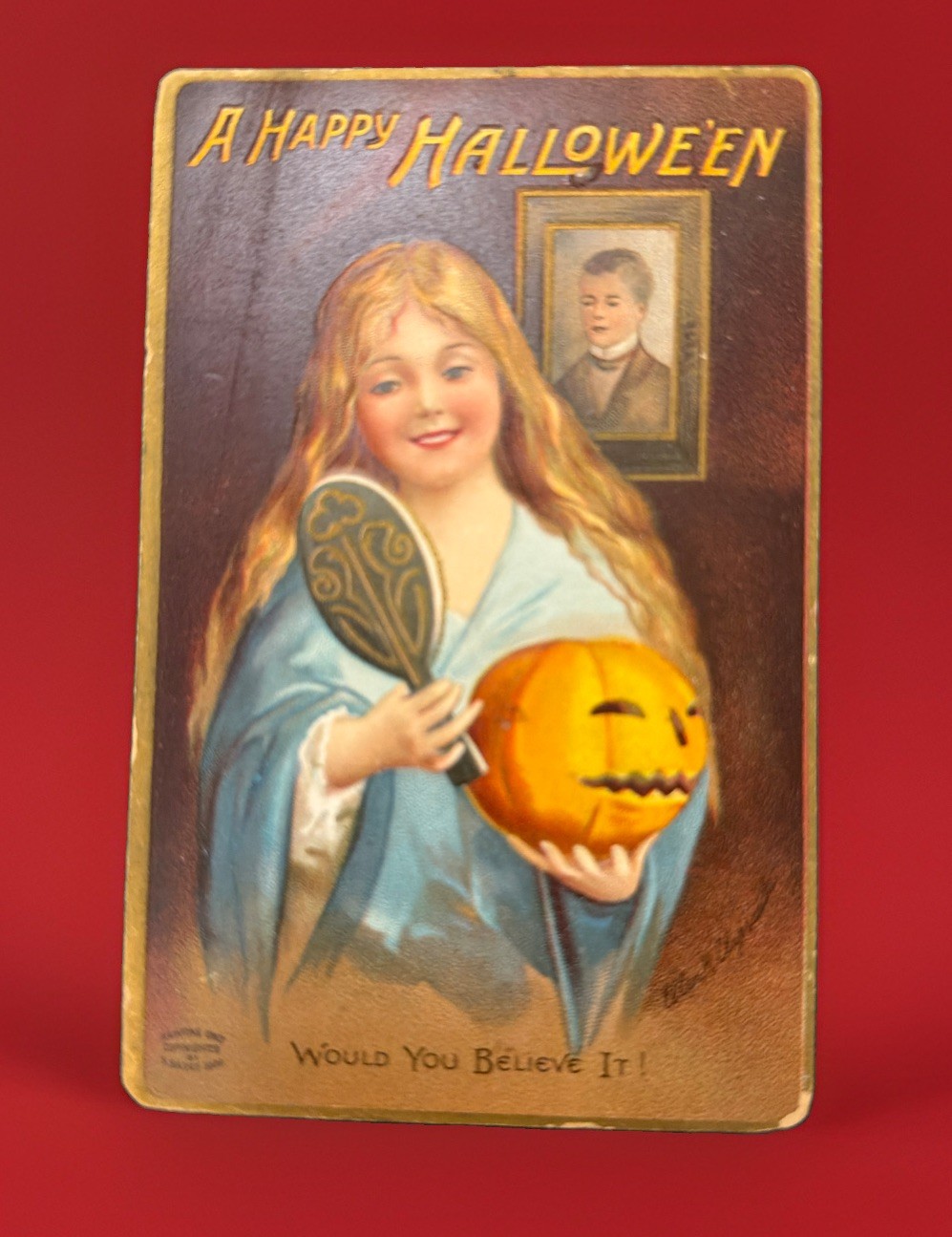 Antique Vintage Halloween Postcard Ellen Clapsaddle Pumpkin Girl Man in Mirror 