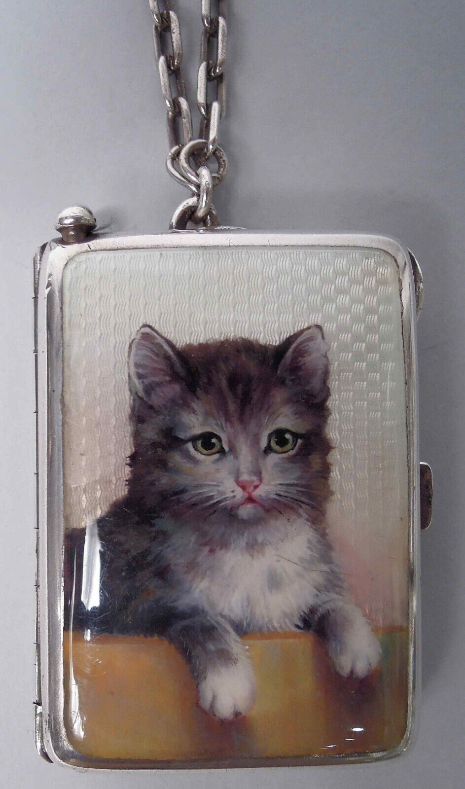 Antique Compact Pretty Kitty Cat Vanity Powder European Silver Enamel