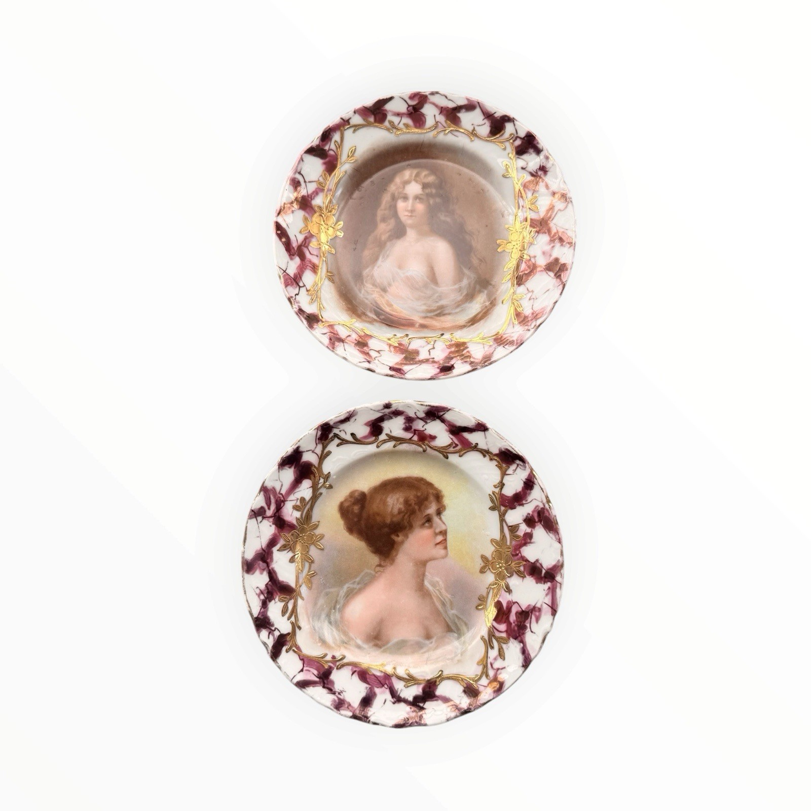 Pair Antique Victoria Carlsbad Austria Portrait Cabinet Plates Gold Gilt Women