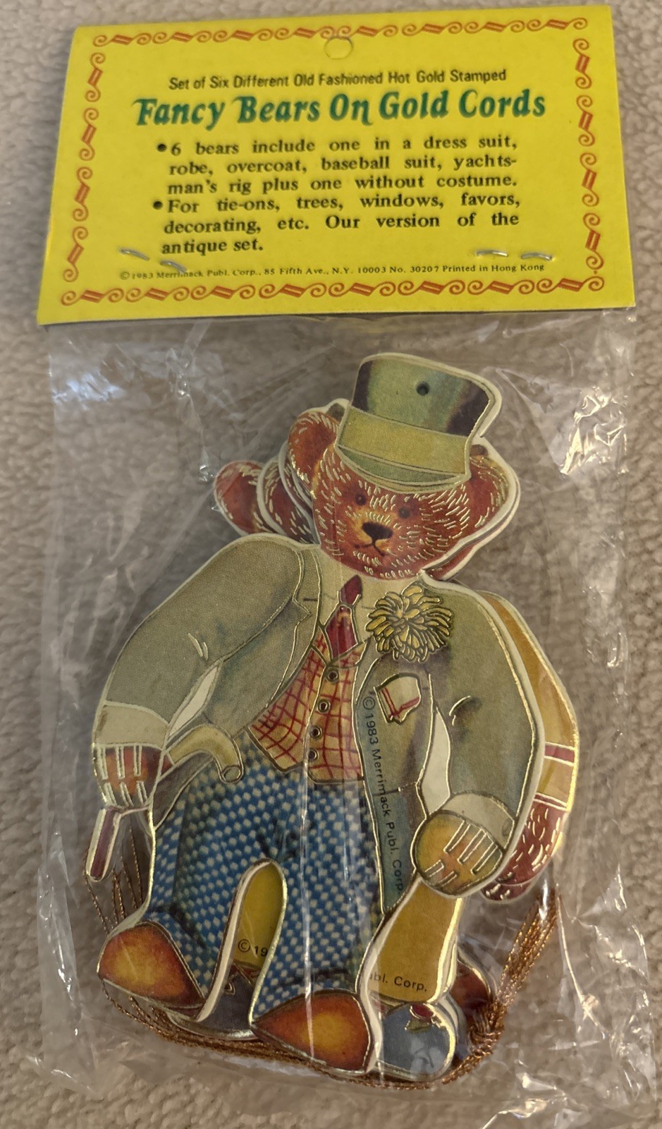 Set of 6 Merrimack Ornaments Fancy Bear Cutouts w/Gold Cords NIP