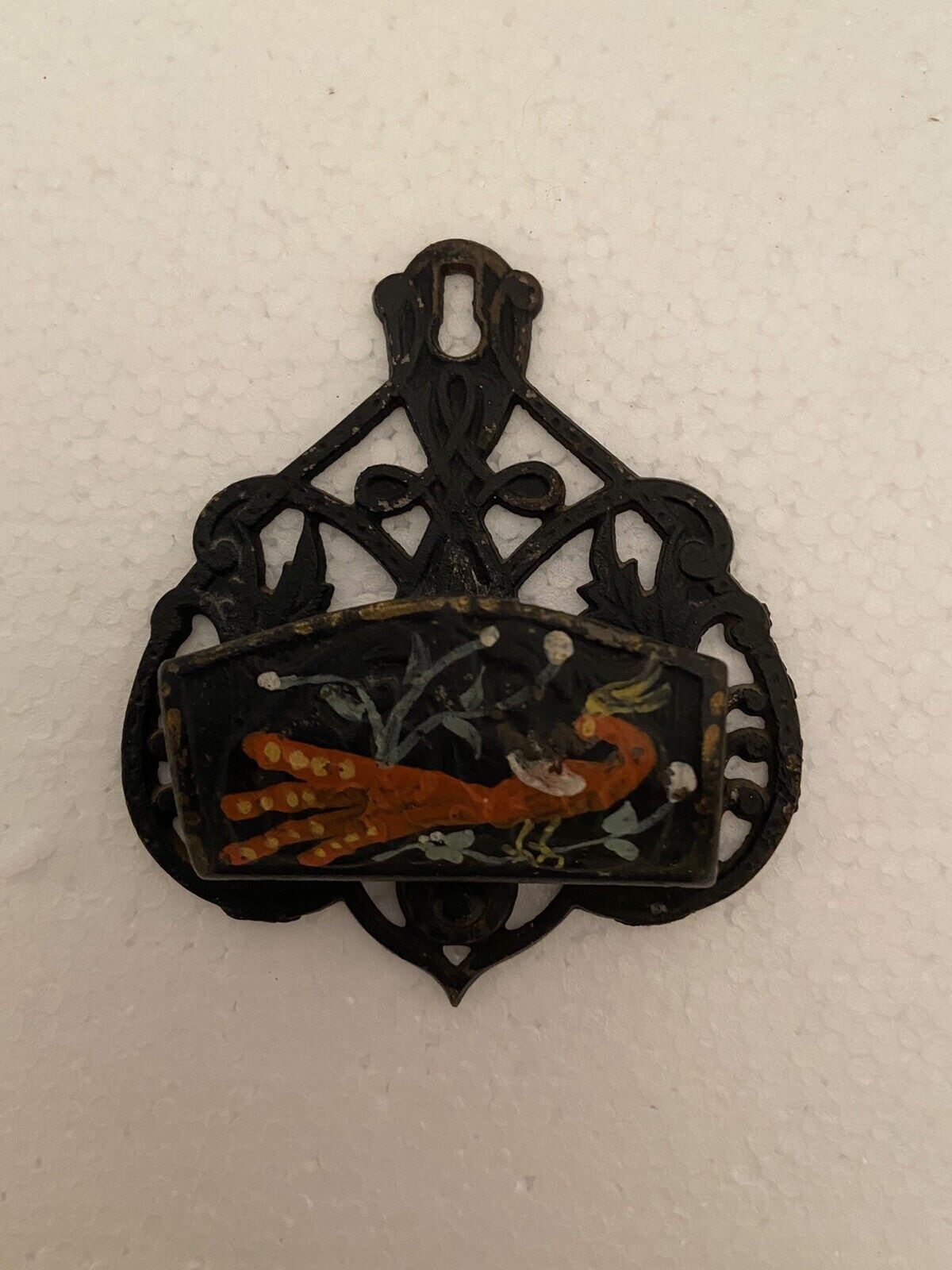 Antique Cast Iron Wall Mounted Match Holder Hand Painted Bird With Flowers