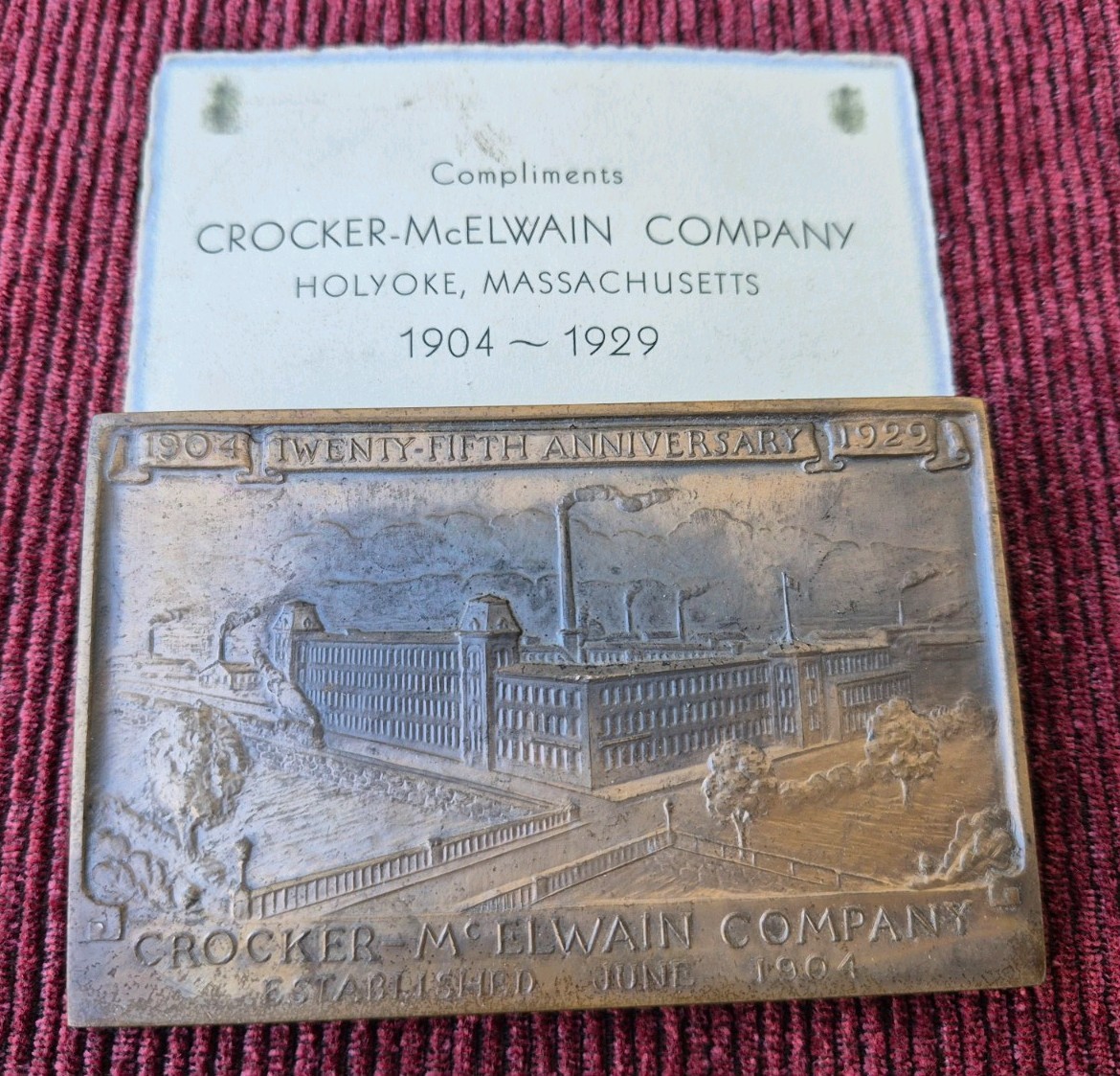 Antique 1904-1929 Crocker McElwain Holyoke MA Bronze Desk Paperweight w/ Card