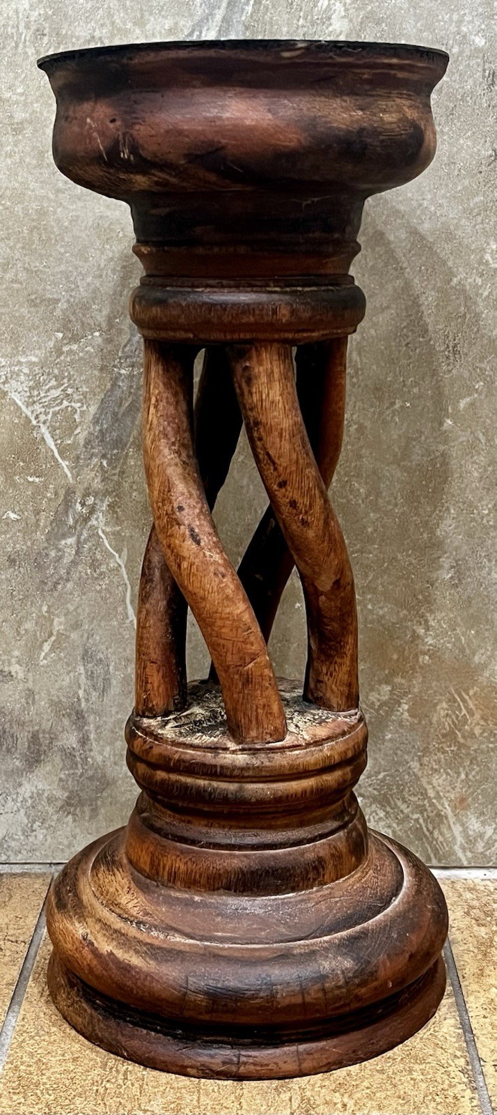 Large Antique Turned/Carved Hardwood Open Barley Twist Candle Stand MAKER’S MARK Large Antique Turned/Carved Hardwood Open Barley Twist Candle Stand MAKER’S MARK