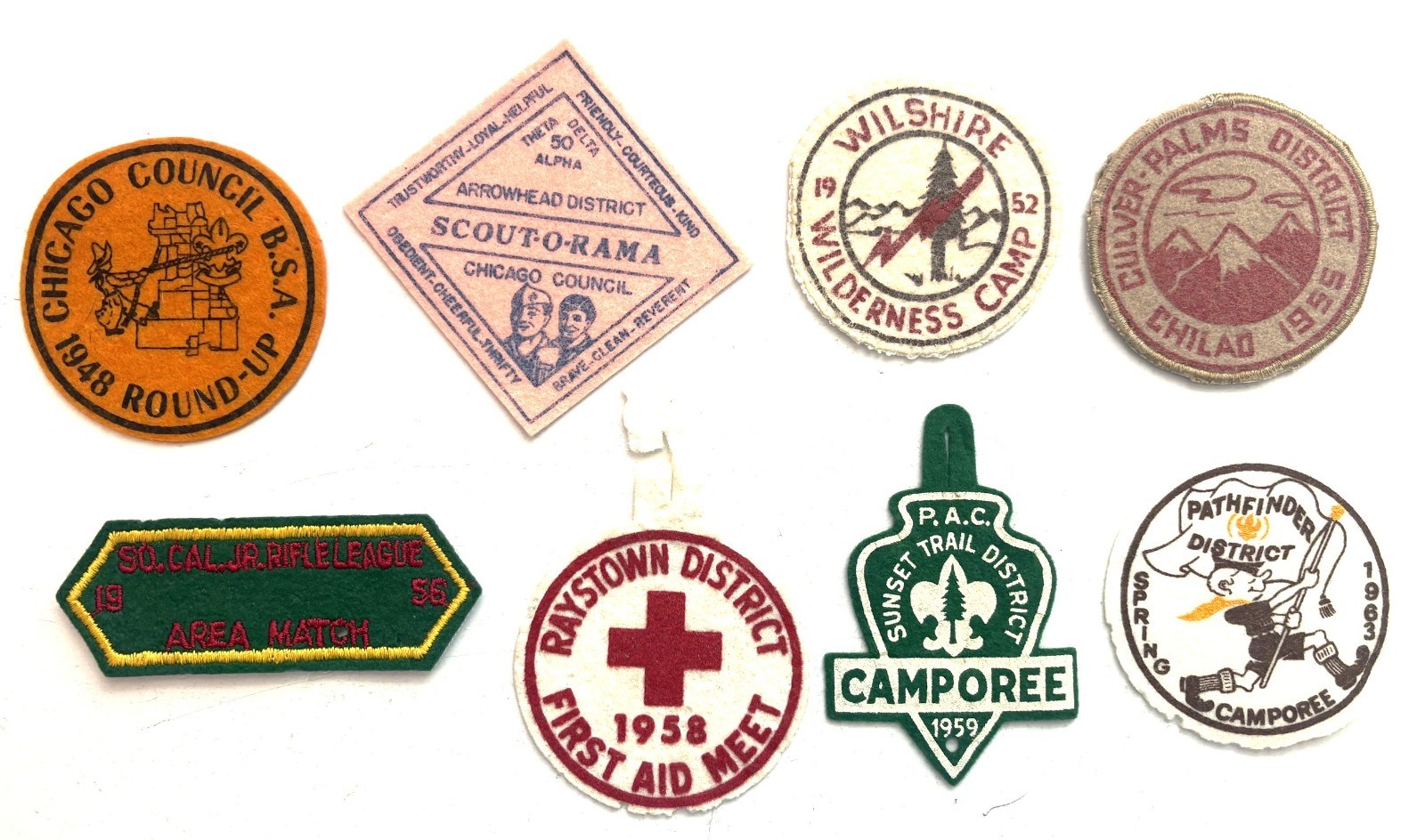 8 BSA felt patches; 1940\'s - 1950\'s; camporee, first aid, roundup, etc. 8 BSA felt patches; 1940\'s - 1950\'s; camporee, first aid, roundup, etc.