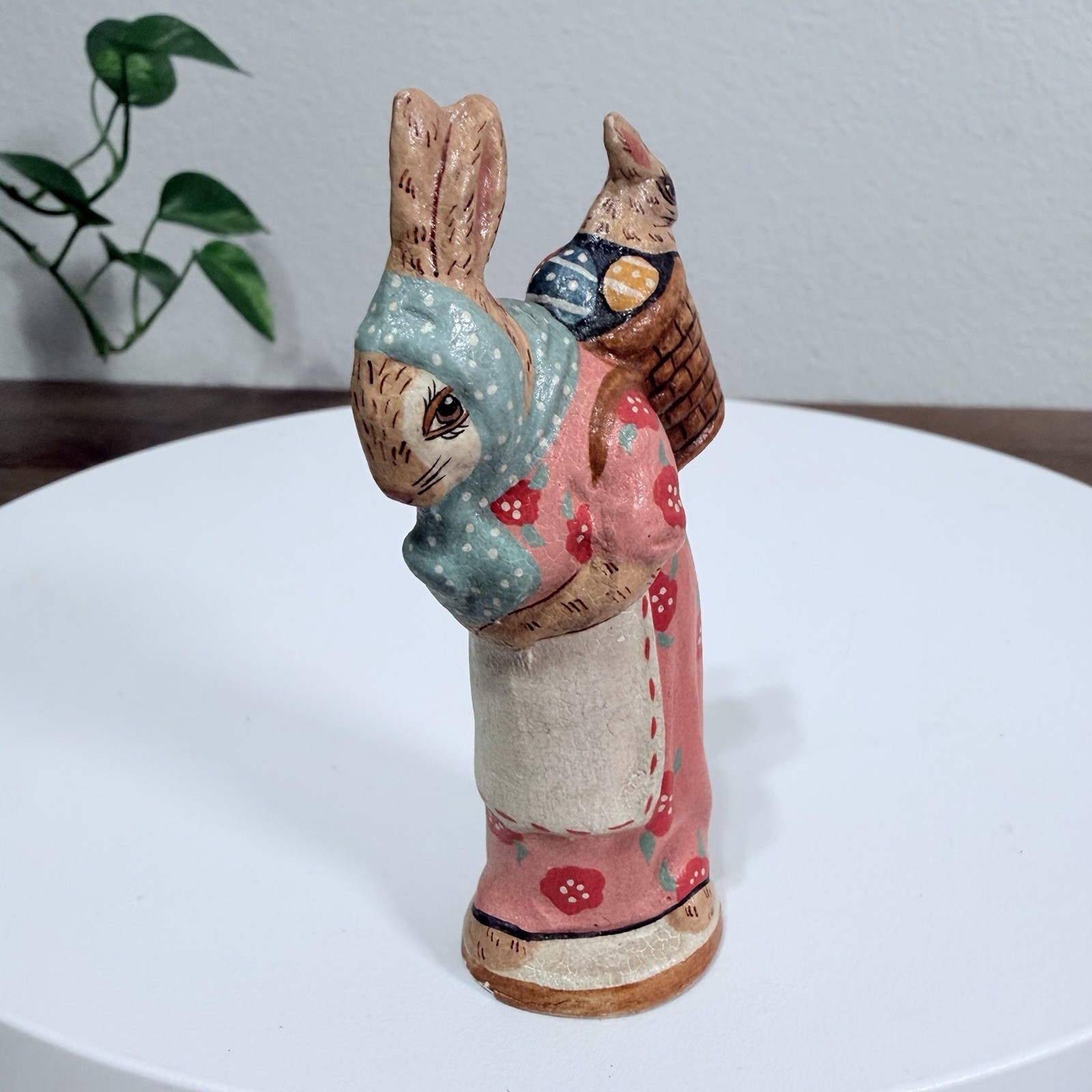 Vintage Vaillancourt Folk Art Bunny Rabbit With Baby Bunny In Basket 2005